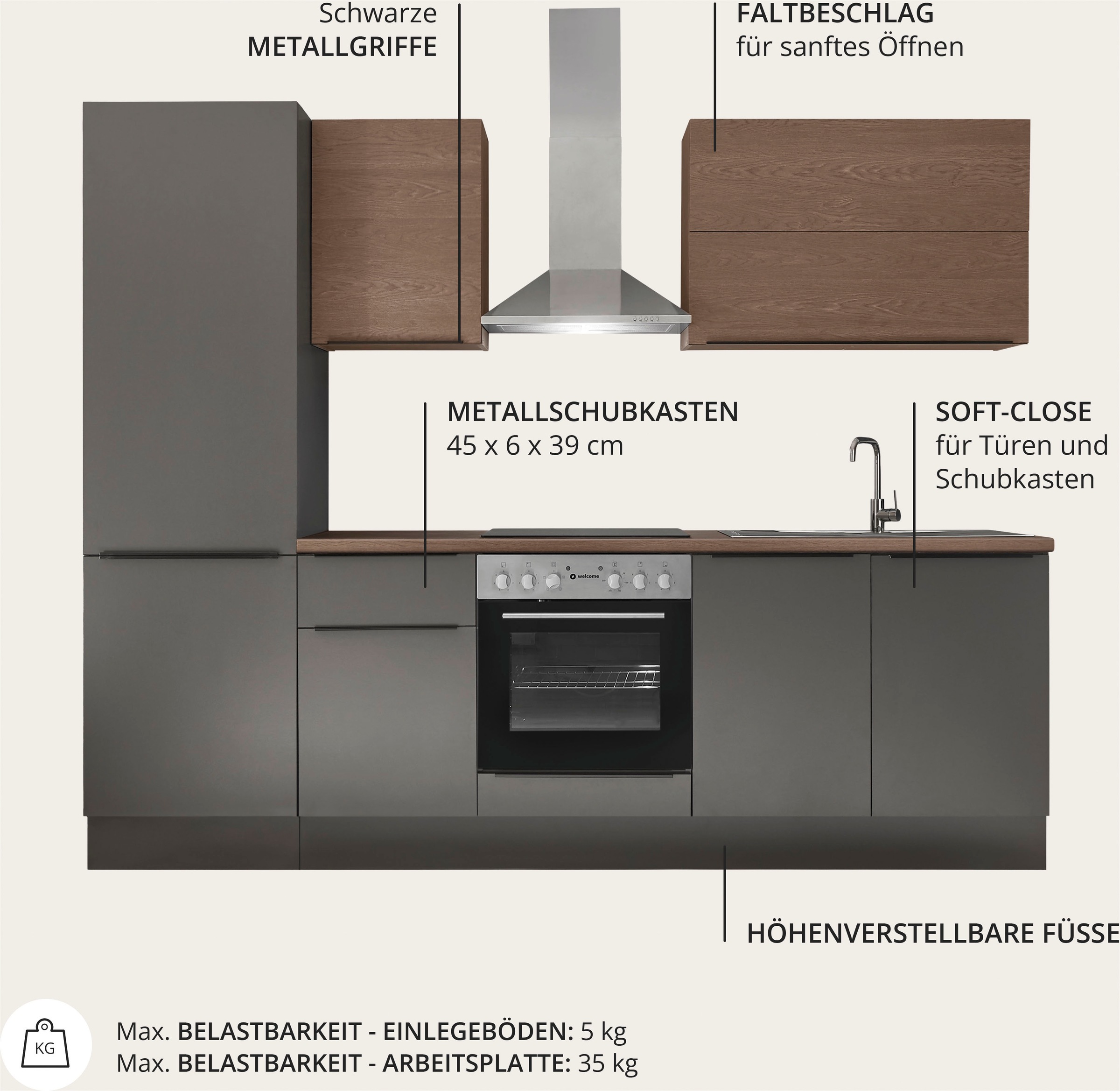 KOCHSTATION Küchenzeile »Cocco B/H/T 270x211x60 cm« Breite 270 cm, wahlweise mit E-Geräten und Induktion