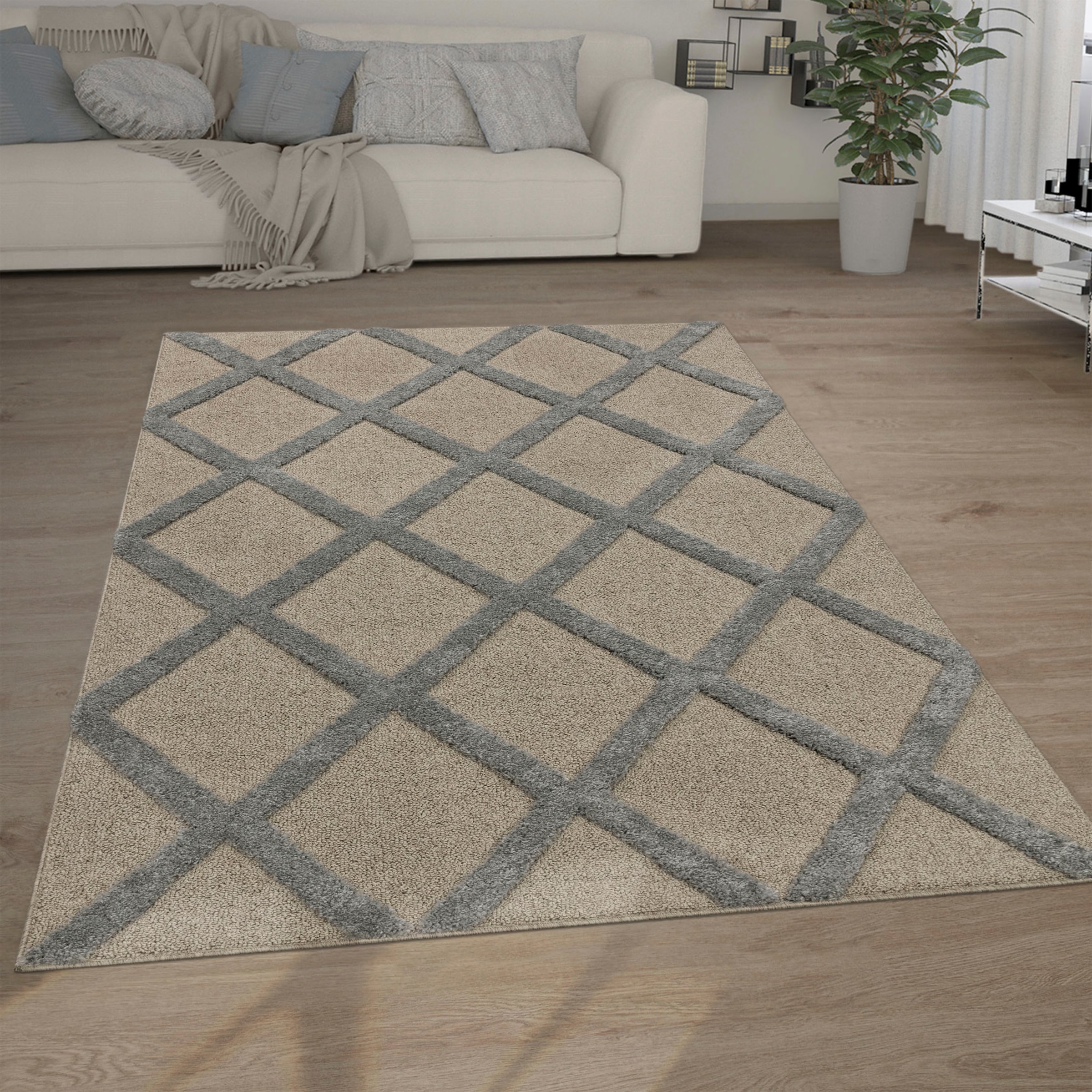 Paco Home Hochflor-Teppich »Genua 745«, rechteckig, Uni-Farben, Hoch-Tief Effekt, modernes Design, Rauten, weicher Flor