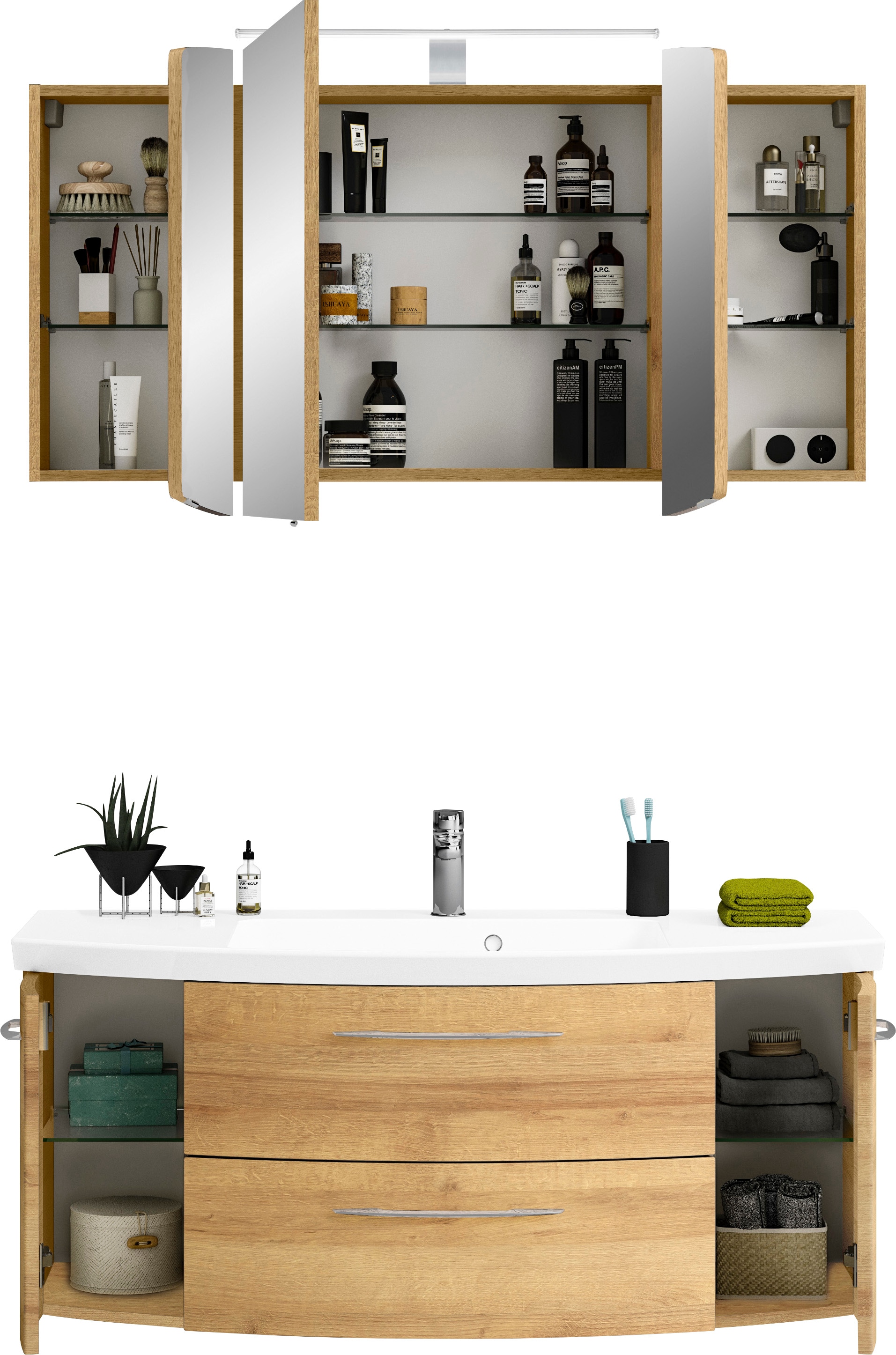 Saphir Badmöbel-Set »Cassca Sprint 2-teilig Mineralmarmor-Waschtisch mit LED-Spiegelschrank«, (2 St.), Waschplatz 121 cm breit mit 5 Türen, 2 Schubladen, inkl. Türdämpfer