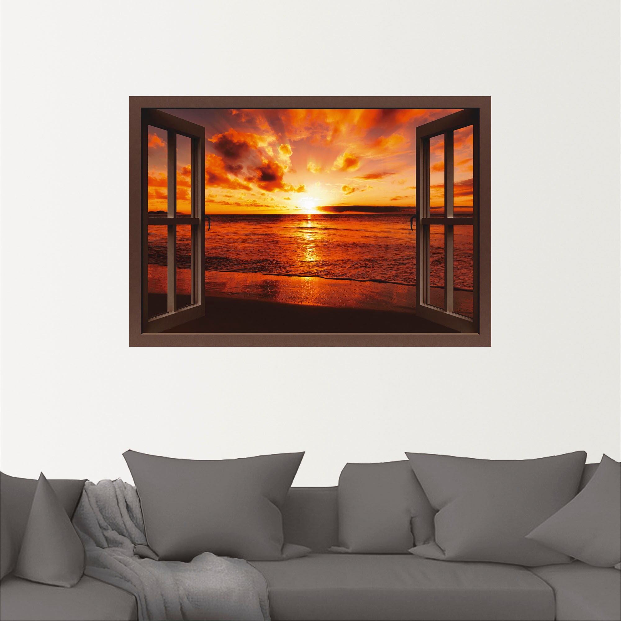 Artland Wandbild »Fensterblick Sonnenuntergang am Strand«, Fensterblick, (1 St.), als Leinwandbild, Poster, Wandaufkleber in verschied. Größen