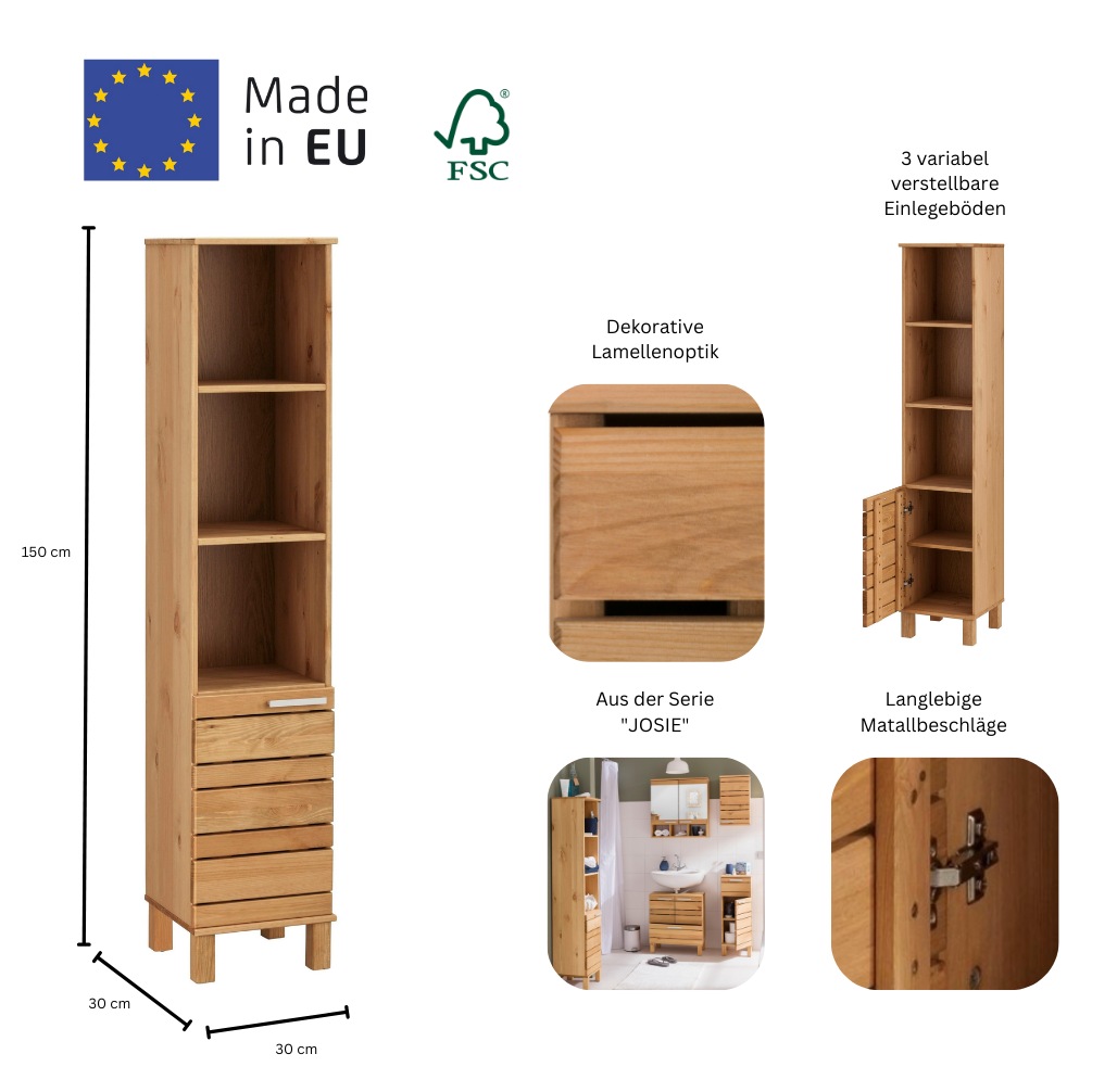 Home affaire Hochschrank »JOSIE«, Breite 30 cm, aus Massivholz, verstellbare Einlegeböden, Metallgriffe
