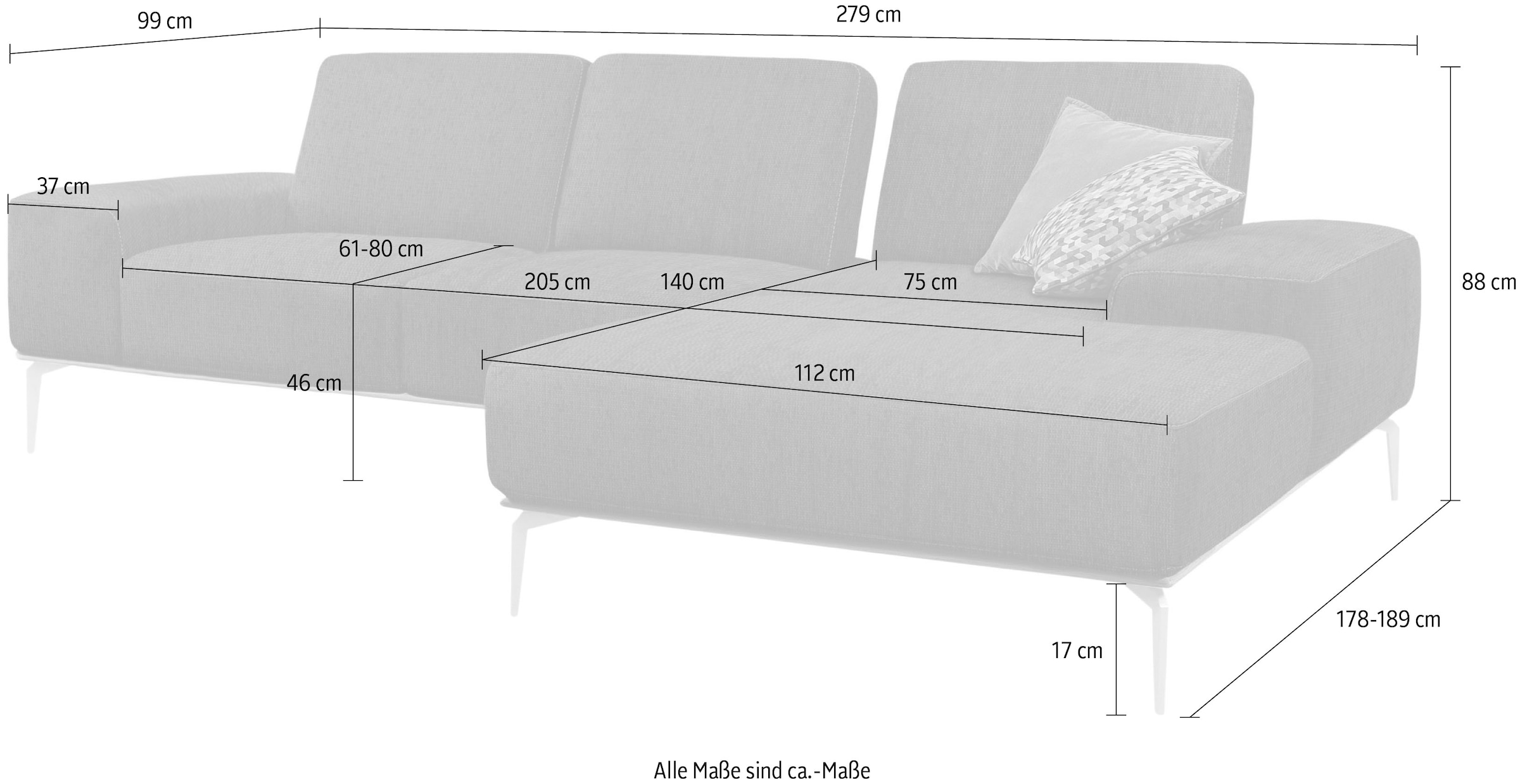 W.SCHILLIG Ecksofa »run, Designsofa mit tollem Sitzkomfort, L-Form«, mit elegantem Holzsockel, Füße in Chrom glänzend, Breite 279 cm