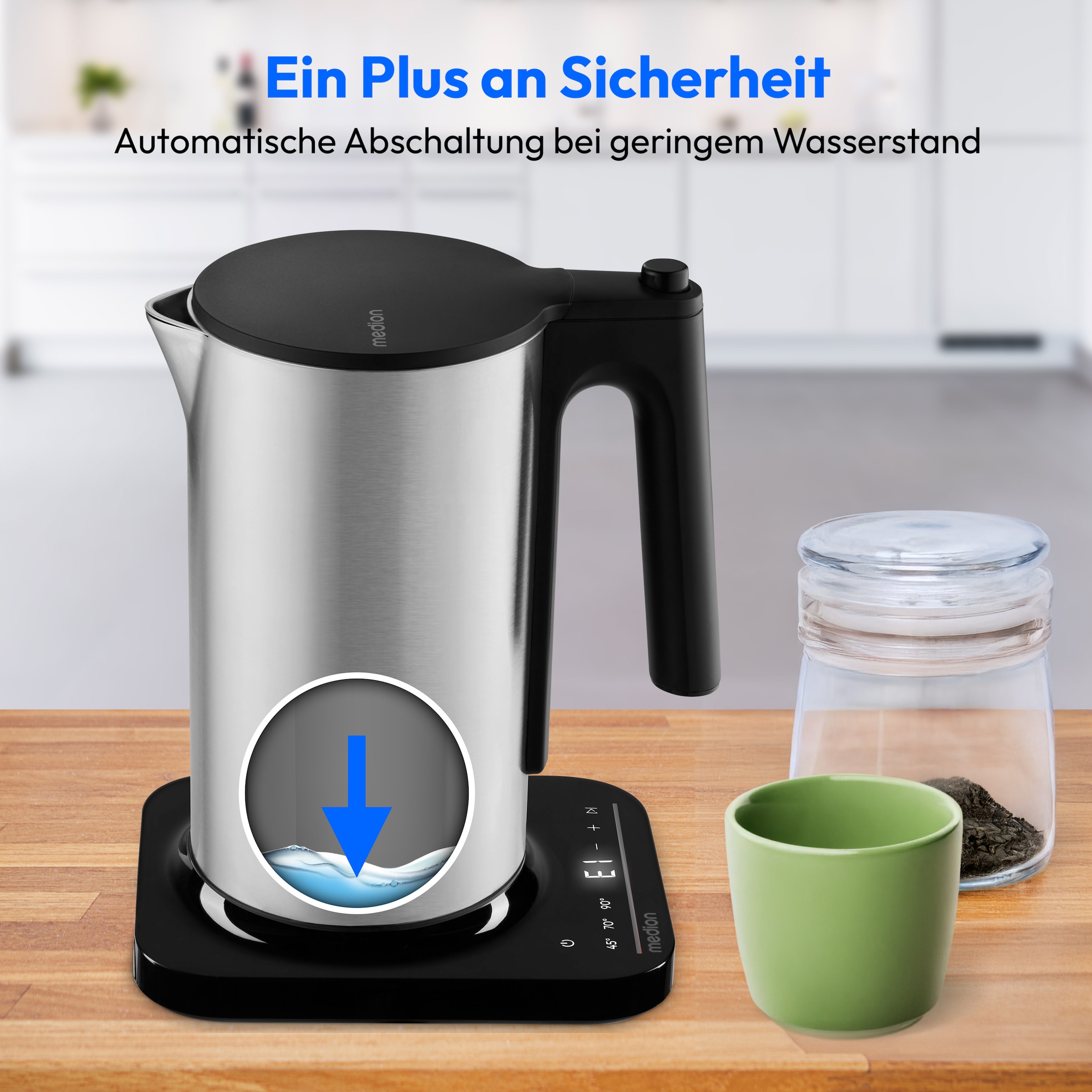 Medion® Wasserkocher »MD12106« 1,5 l 2200 W 2.200 W, 1,5 L, LED-Display, Sensor-Touch Bedienung, Kindersicherung