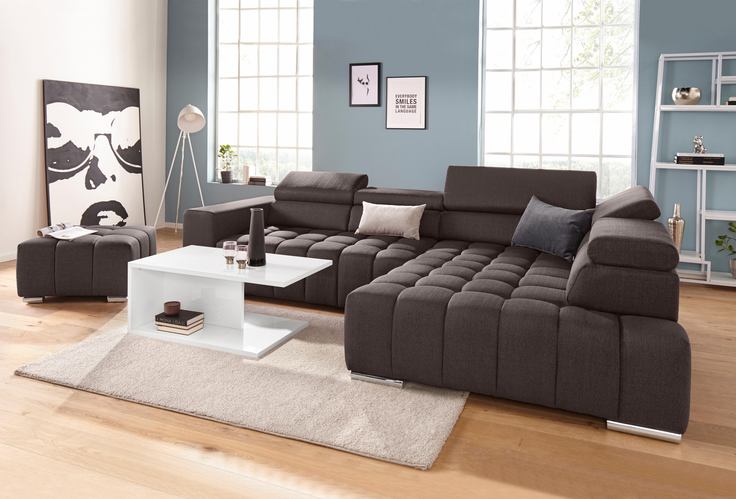 exxpo - sofa fashion Ecksofa »Elias, aktuelle Kreuzsteppung im Sitz, bequem, Breite 307cm, L-Form« mit Kopf- bzw. Rückenverstellung, wahlweise mit Bettfunktion