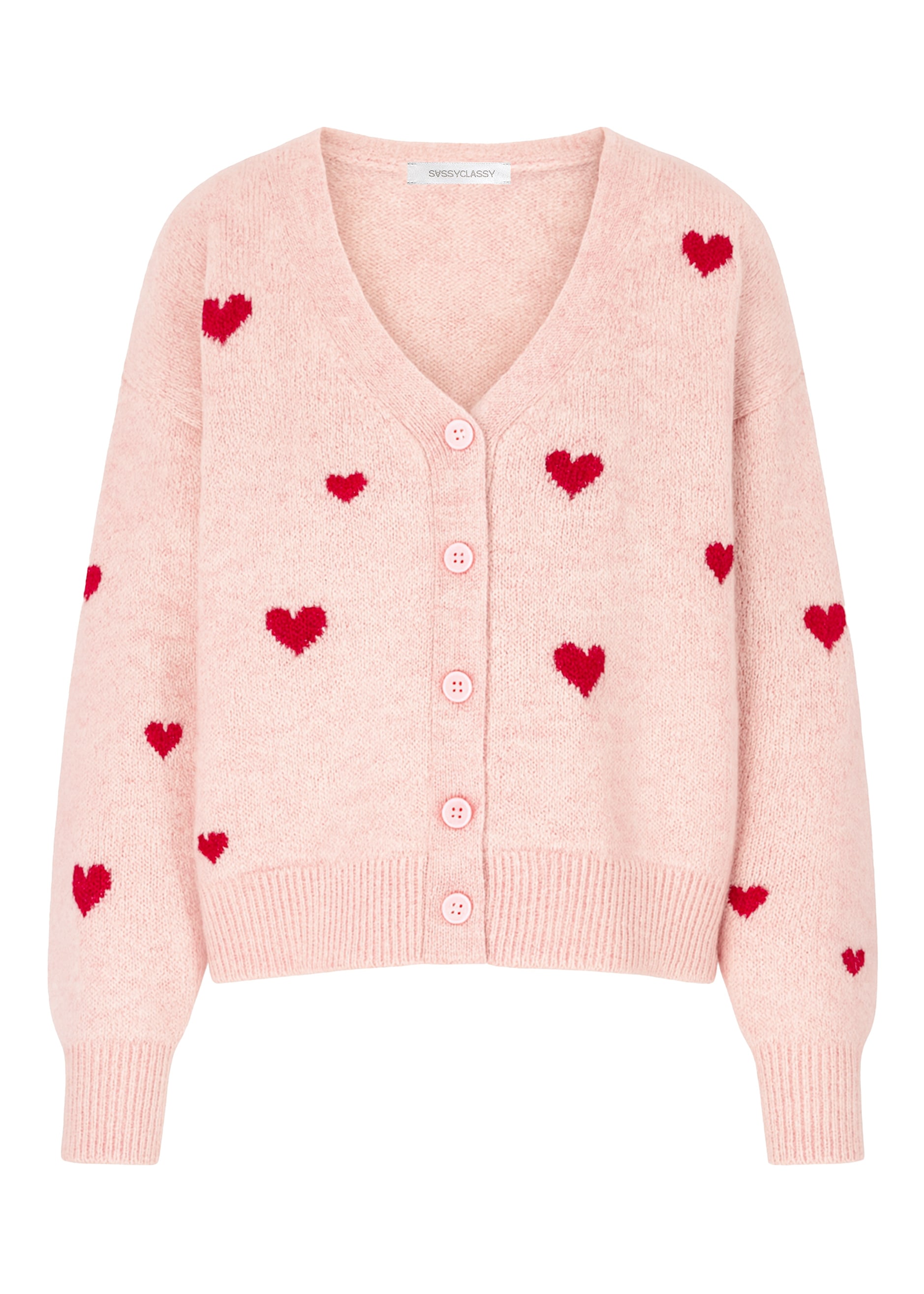 SASSYCLASSY Cardigan »Cardigan mit Herzen« Weiche Strickjacke mit V-Ausschnitt und Knopfleiste Offwhite Rosa