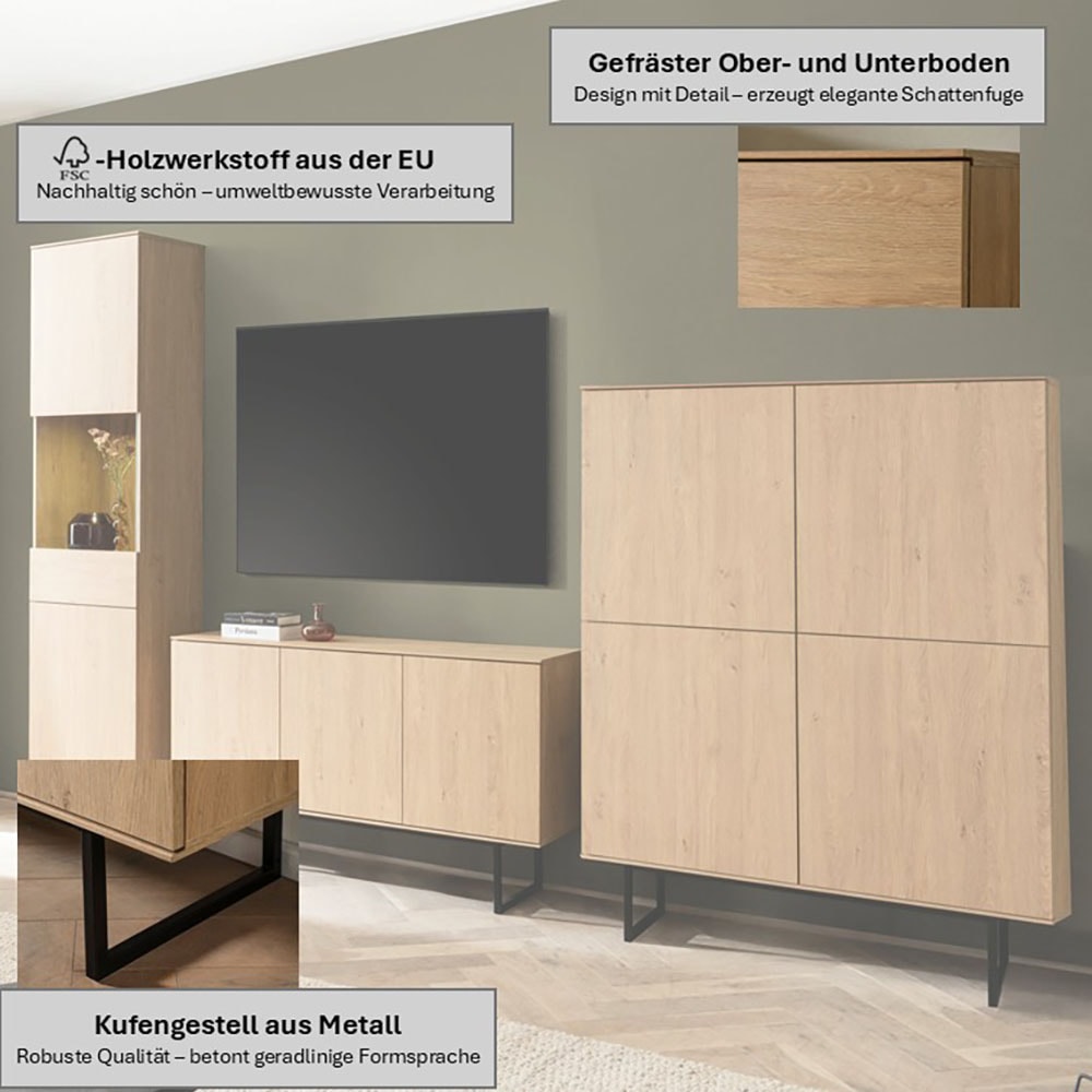 Home affaire Wohnwand »Lund, moderne Anbauwand, Wohnzimmer-Set in Stone Oak« 3 Stk. tlg.