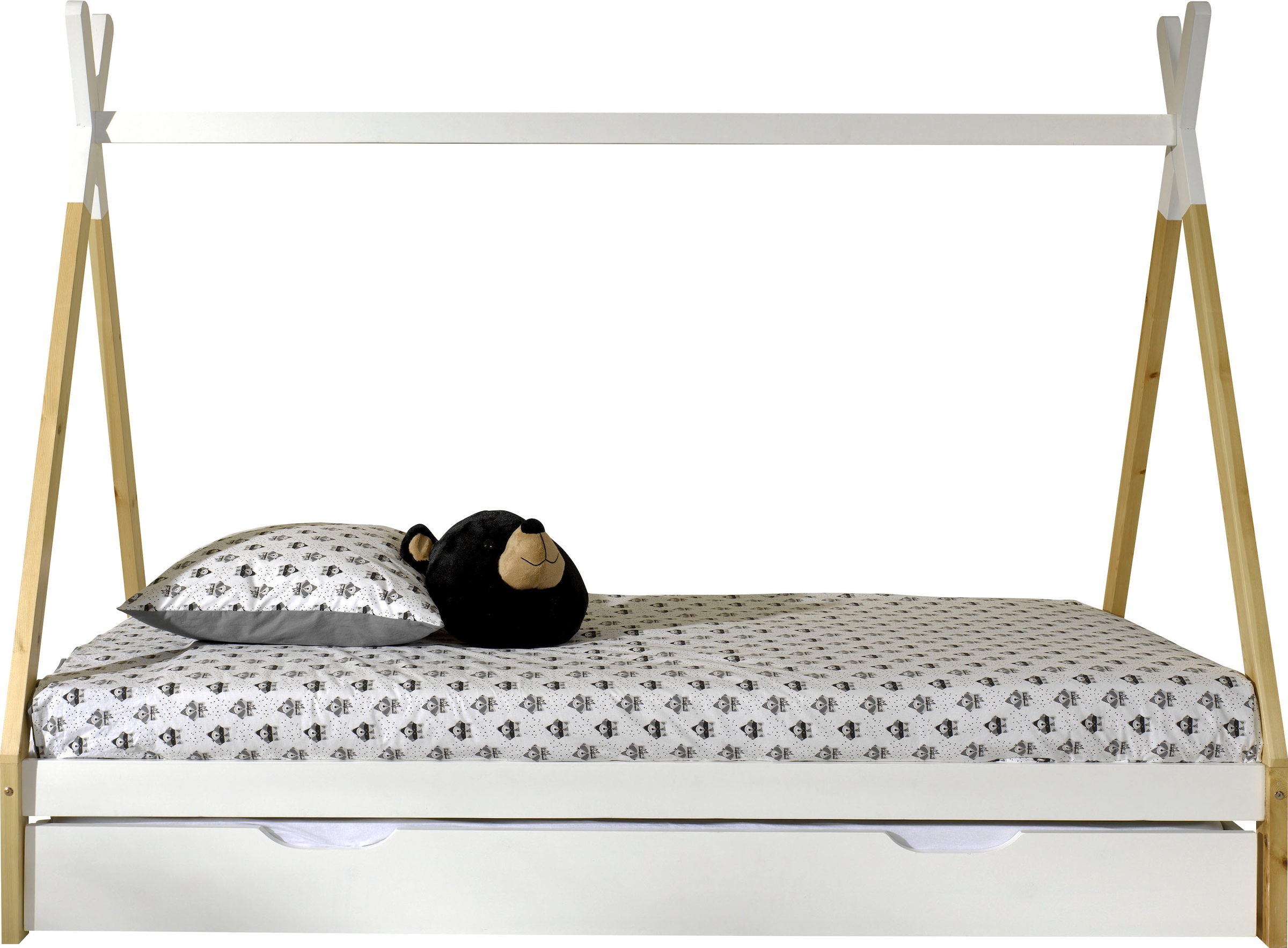 Vipack Kinderbett »TIPI, Kiefer massiv, 2-farbig lackiert, mit Rolllattenrost«, (B/H/T ca. 206x158,2x98cm, Querstange kann hübsch dekoriert werden), 90/200, wahlweise mit oder ohne Schublade