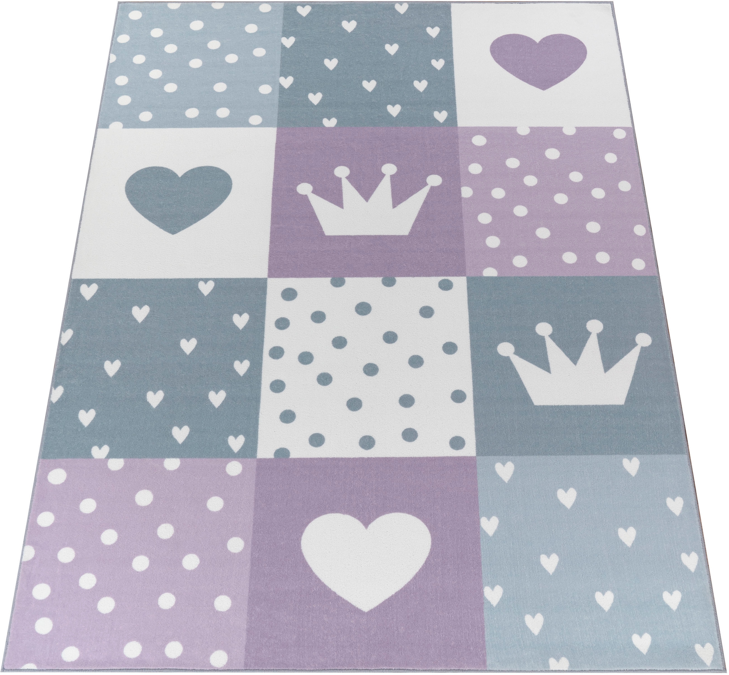 Paco Home Kinderteppich »Eliz 391«, rechteckig, Kurzflor, Spielteppich, Patchwork-Muster, Motiv Krone, Herz & Punkte