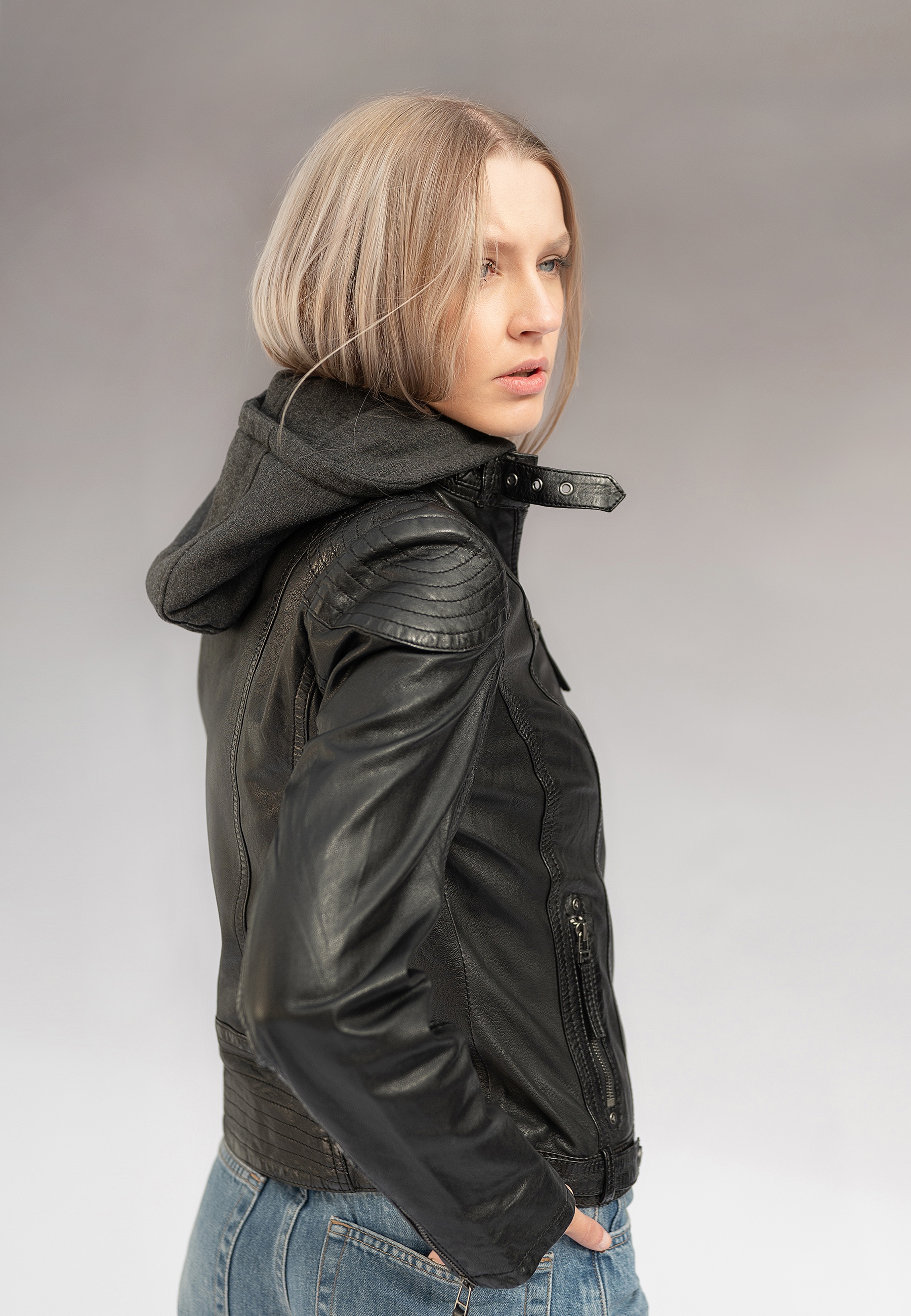 Mauritius Lederjacke »Cacey LEGV« mit Kapuze mti Kapuze, Reißverschluss, Ziersteppung