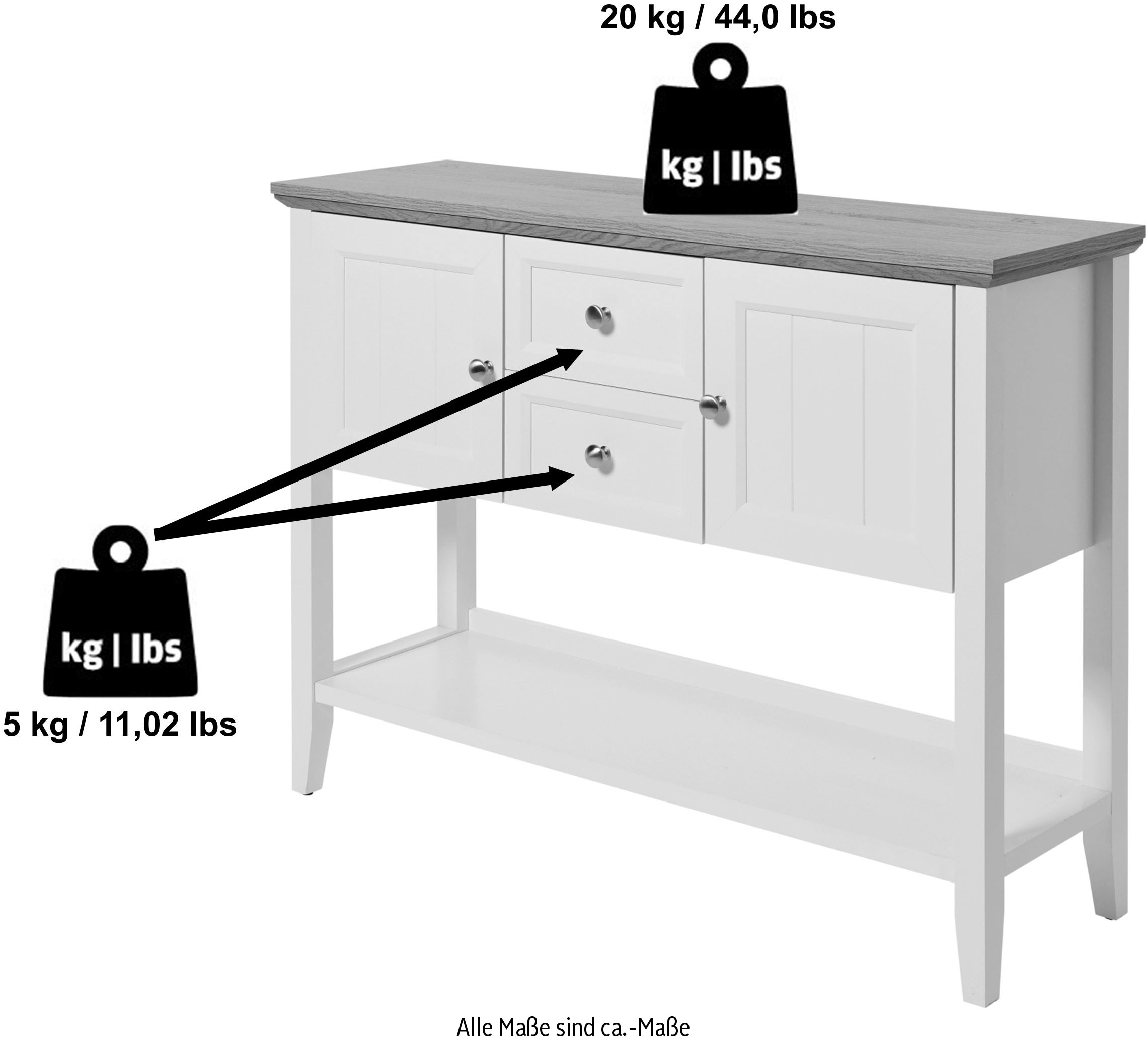 Jahnke Konsolentisch »CLASSIC CONSOLE 110«, Konsolentisch, 2 Türen, 2 Schubladen und 1 Ablage, 112x34x81,8 cm