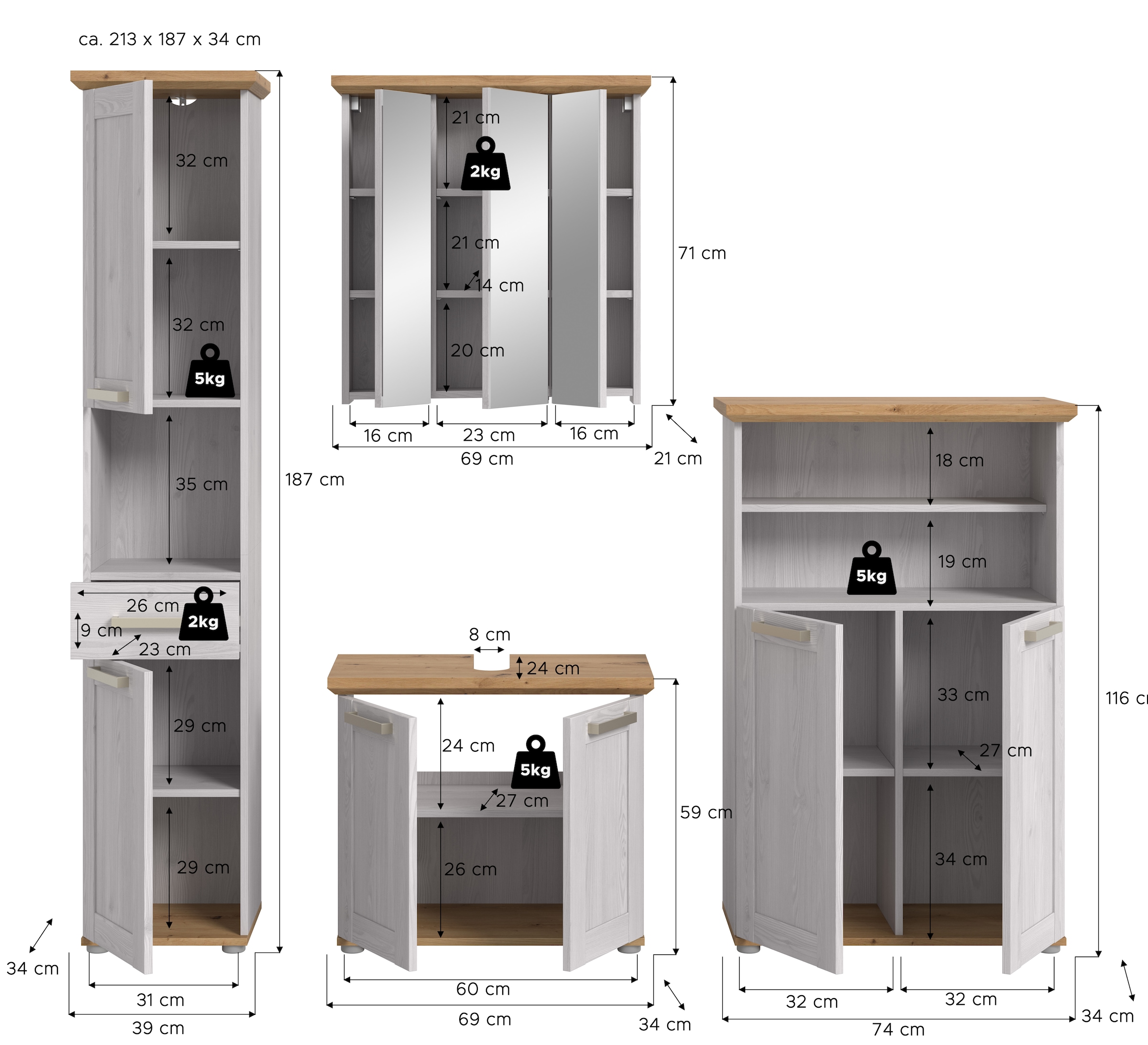 welltime Badmöbel-Set »COSENZA, 4-teilig, in Landhausoptik, mit farblich abgesetztem Kranz« best. aus: 1 Hochschrank, 1 Spiegelschrank, 1 WBU und 1 Midischrank, 4 Stk. tlg.