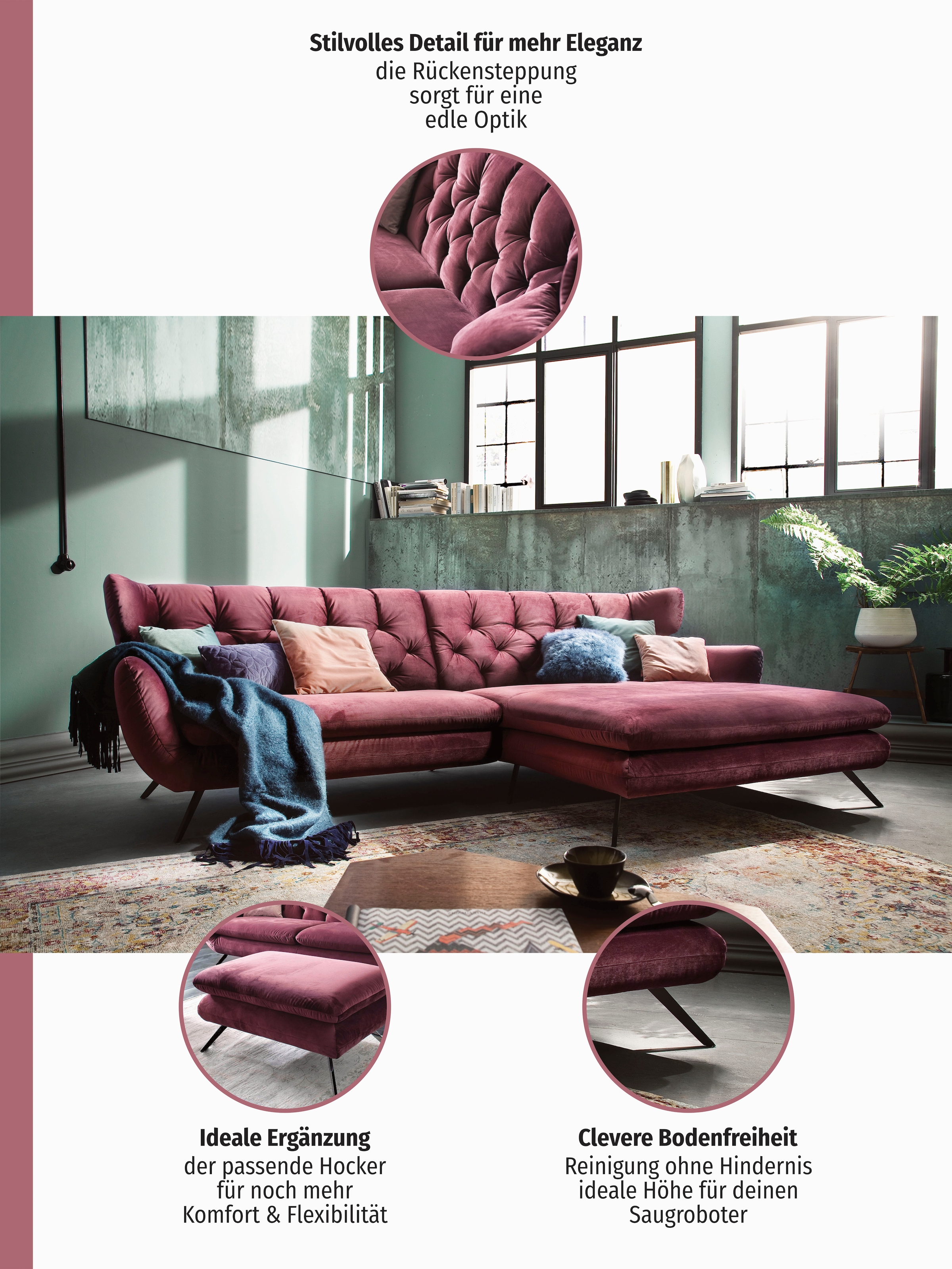 3C Candy Ecksofa »Beatrice Designsofa in moderner Retrooptik, bequem und extravagant« mit Rückensteppung im Rautenmuster, Ohrenbacken Optik, L-Form