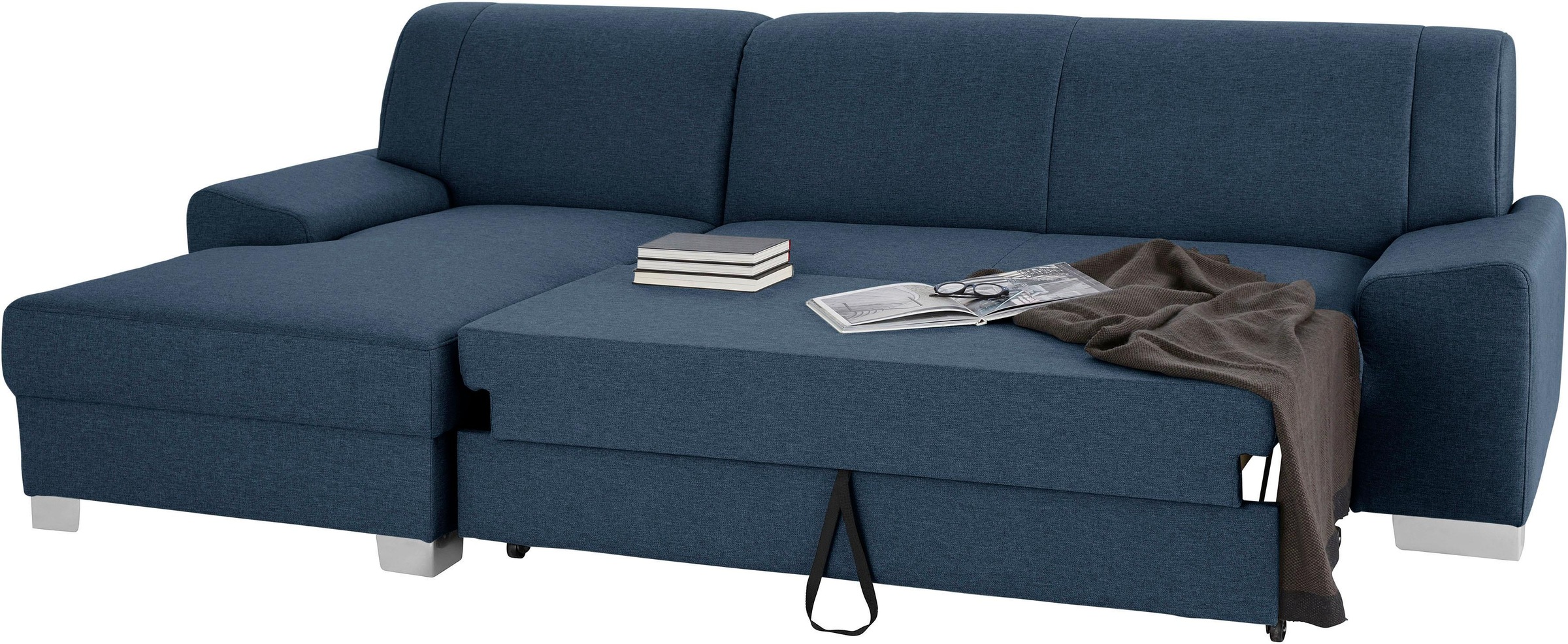 DOMO collection Ecksofa »Anzio L-Form, whlw. Bettfunktion, Federkern, hochwertig, Breite 271 cm«, Mit Bettfunktion, Recamiere links, Struktur fein, dunkelblau
