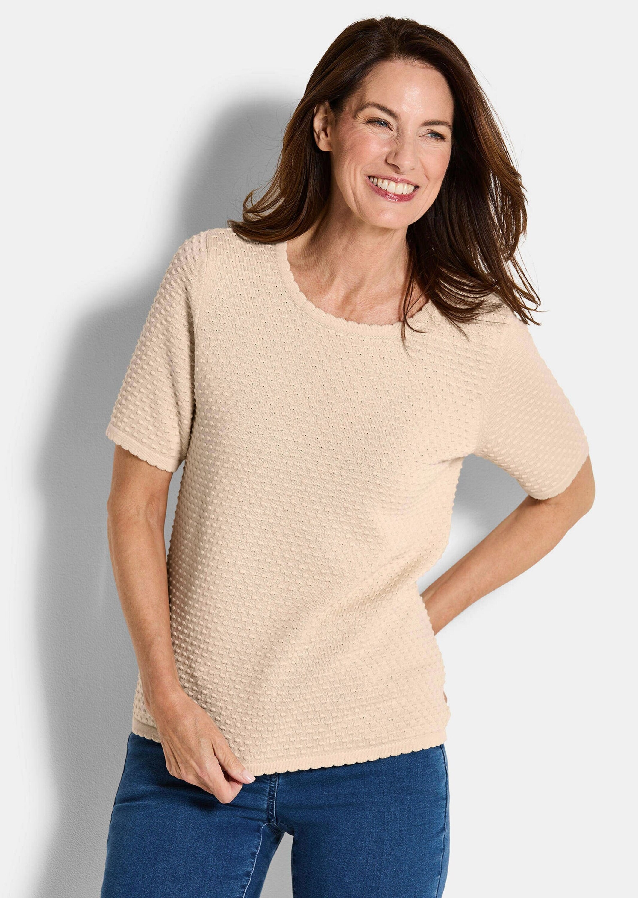 GOLDNER Rundhalspullover »Kurzgröße Halbarm Strickshirt mit Rundhals« Rundhalsausschnitt