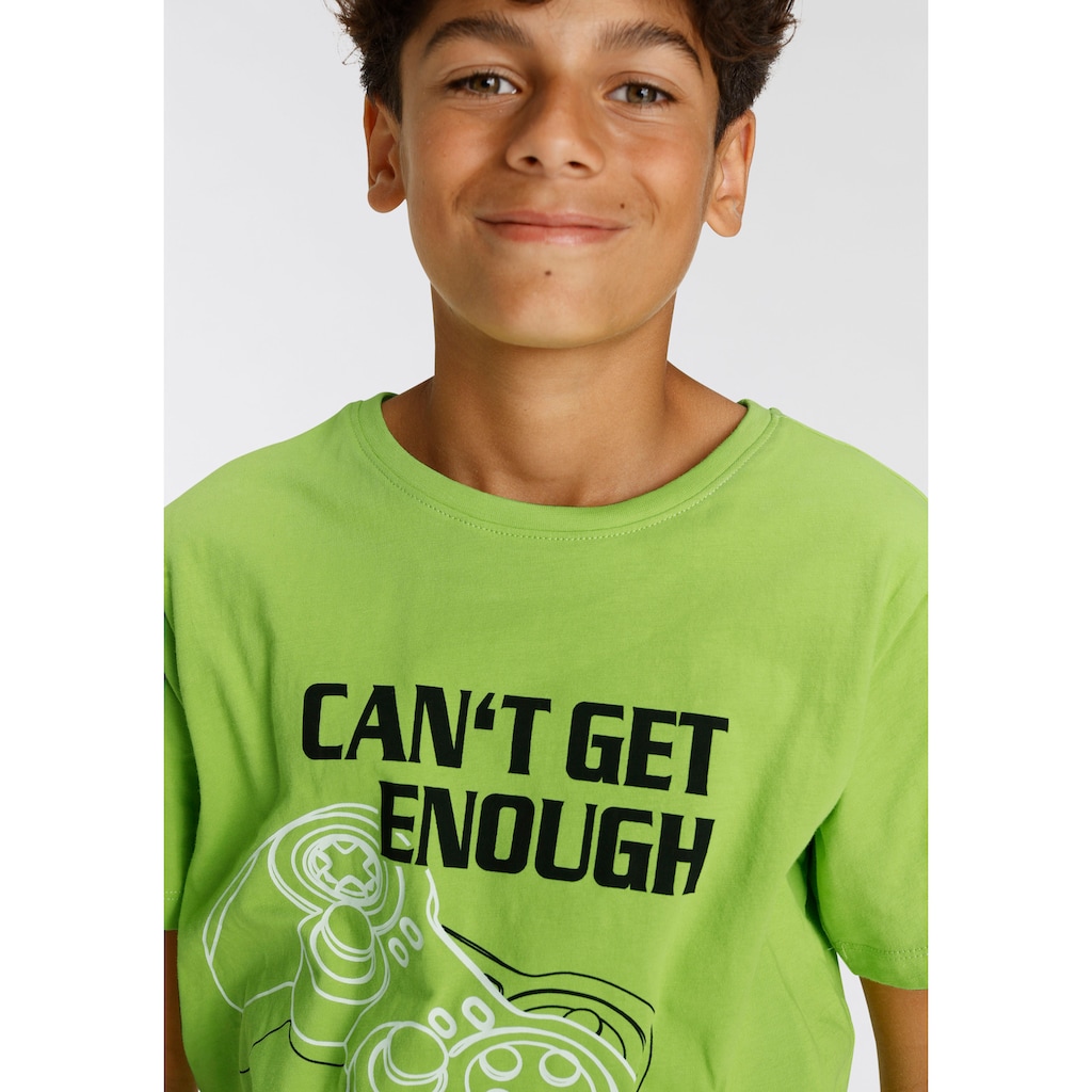 KIDSWORLD T-Shirt & Bermudas »CAN´T GET ENOUGH - Spruch«, (Set, 2 tlg.), Gamer-Print