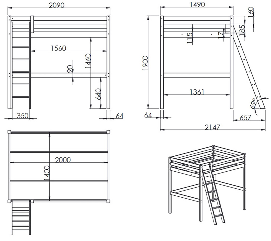 Vipack Hochbett »mit 2 Liegeflächen 140+90/200 Made in Europe, Kiefer massiv weiß« (B/H/T ca.209,4x190x214,7cm) Leiter schräg angestellt, stabil gebaut,  Raum unter dem Bett kann genutzt werden, Einzelbett separt stellbar