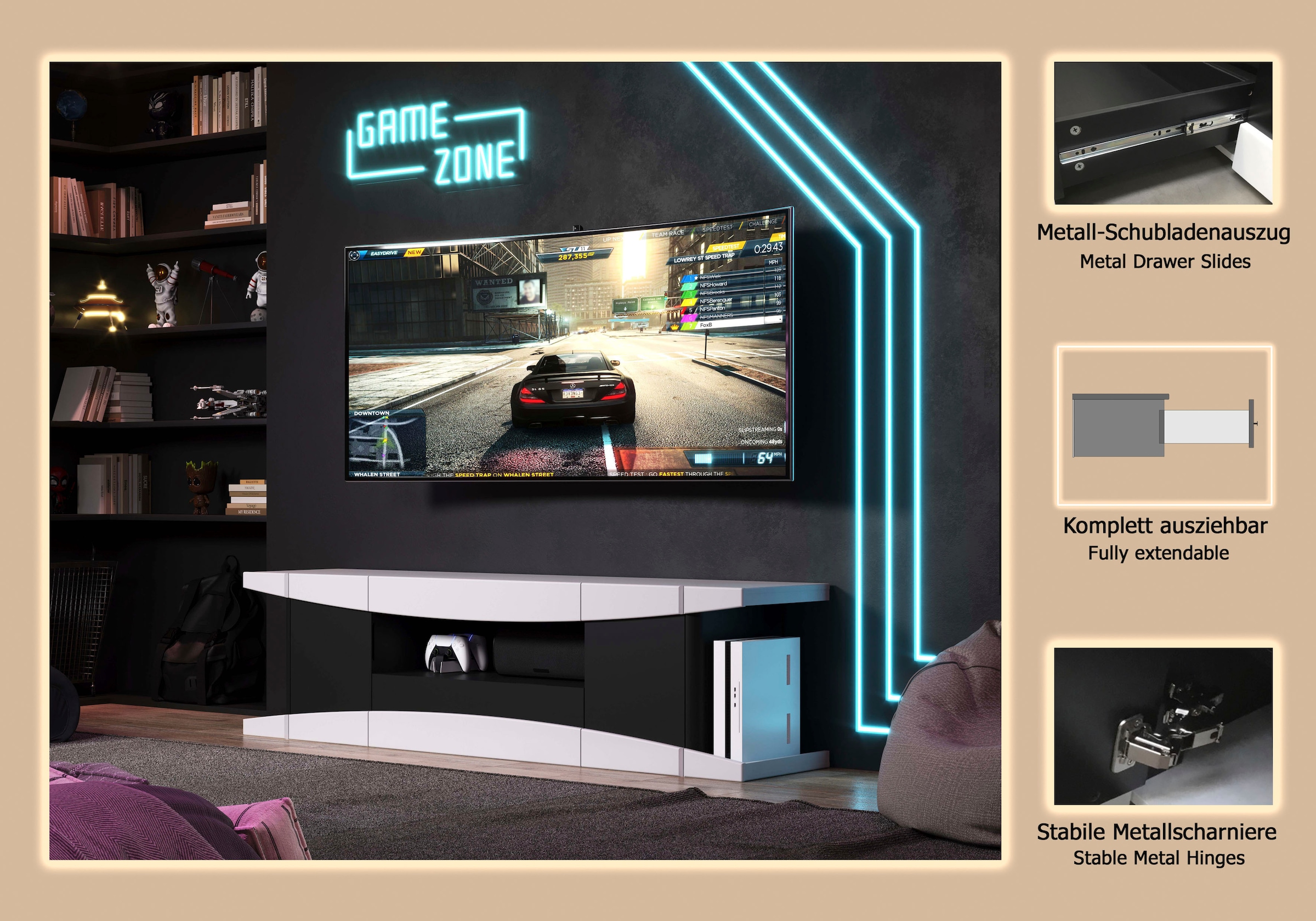Home affaire Lowboard »NextLevel speziell geeignet für Spielekonsolen« Gaming-Lowboard wahlweise mit Beleuchtung - (B/T/H) 180/42/52 cm