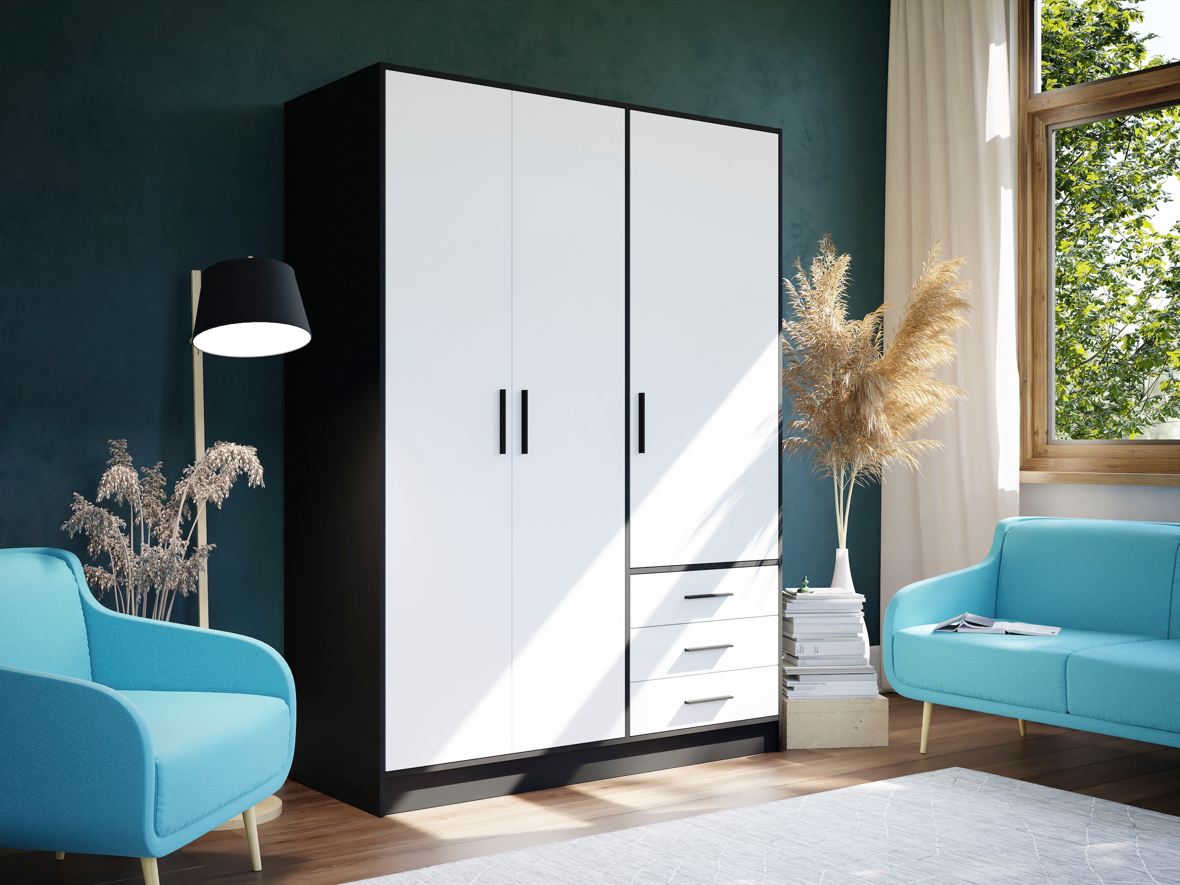 FORTE Kleiderschrank »Jupiter, Made in Europe, mit Schubladen«, (Maße (T/H): 60/200 cm), Stauraum, 2 Breiten, 4 Farben, Schubladen, variable Einlegeböden