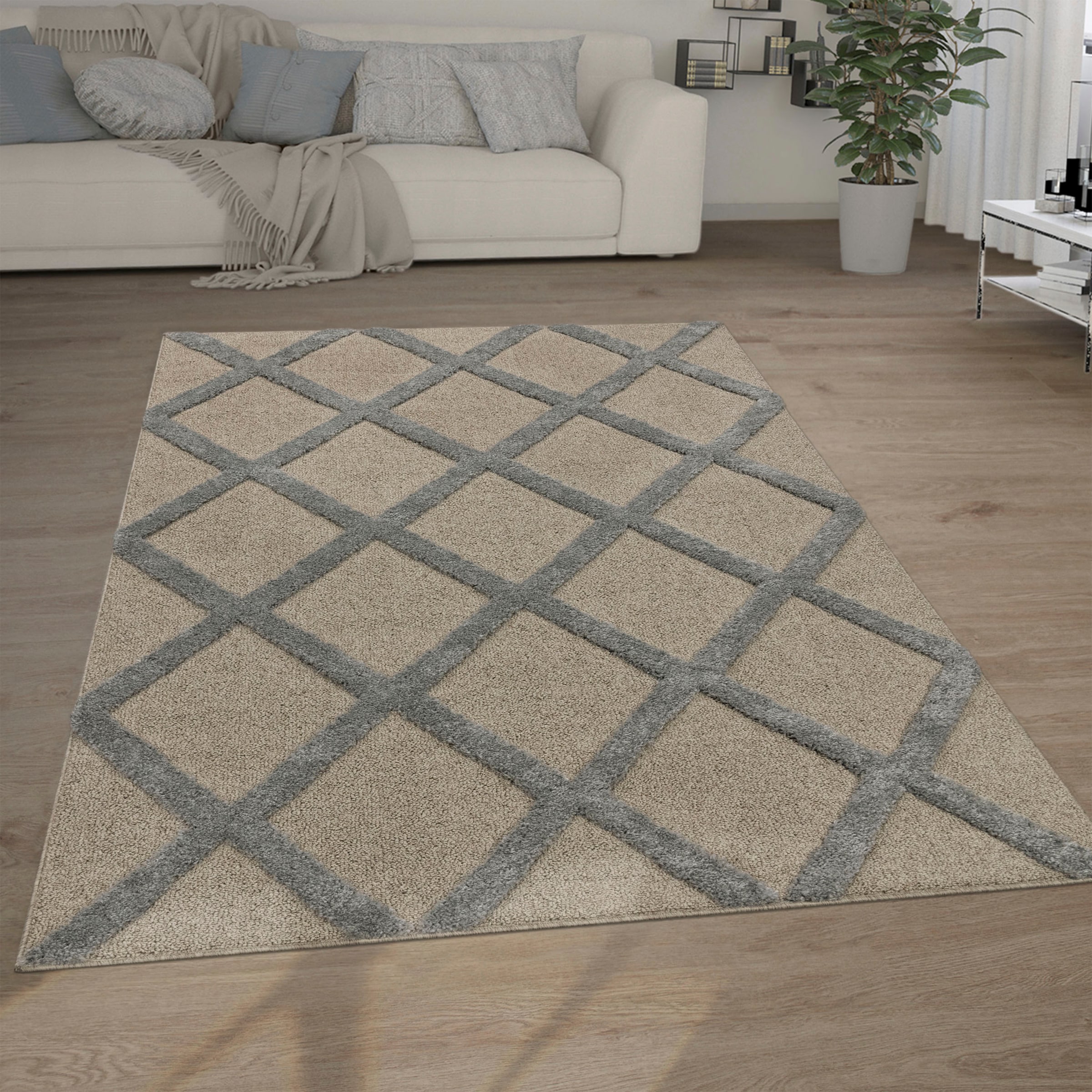 Paco Home Hochflor-Teppich »Genua 745«, rechteckig, 34 mm Höhe, Uni-Farben, Hoch-Tief Effekt, modernes Design, Rauten, weicher Flor