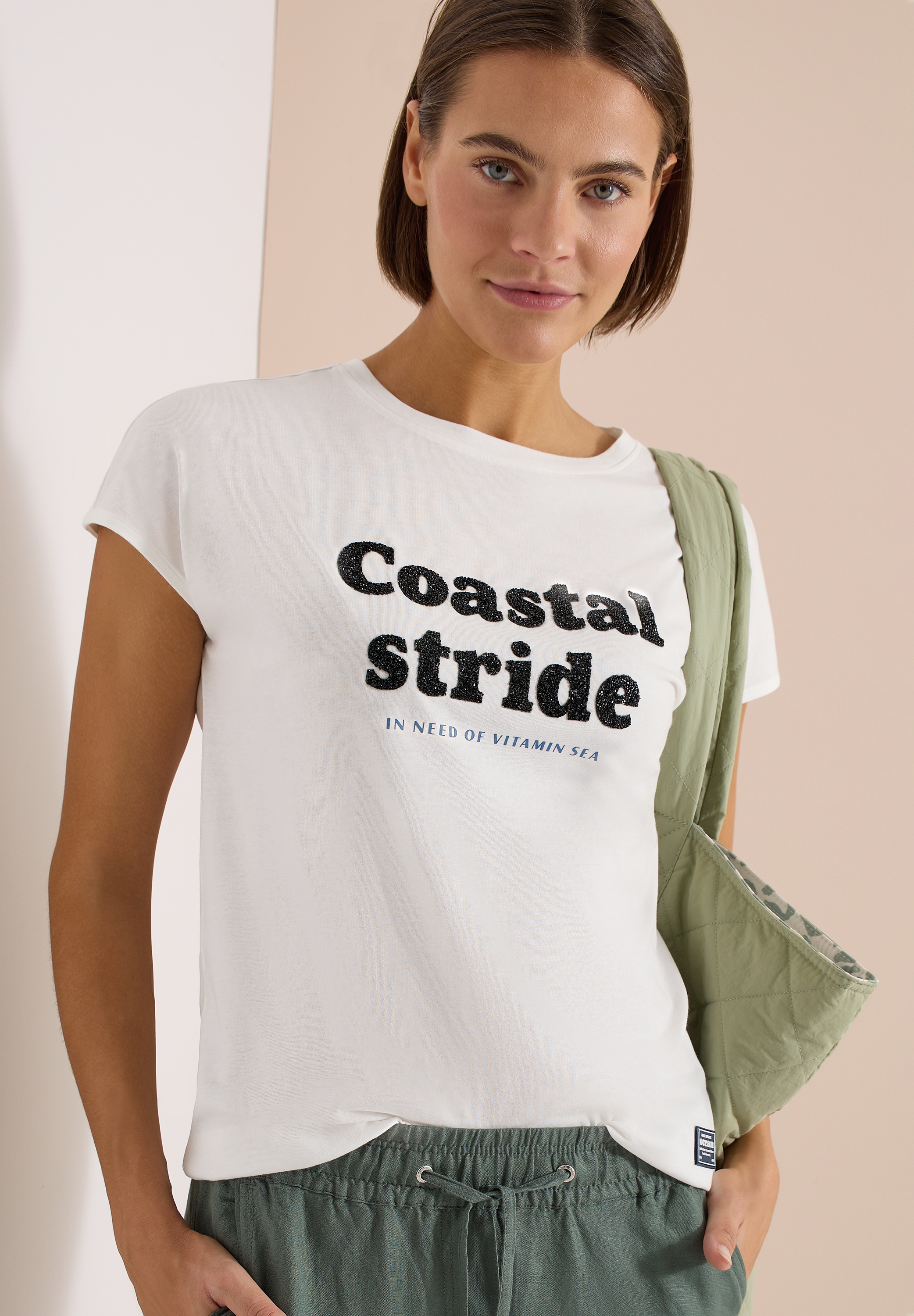 Cecil Kurzarmshirt Sommershirt mit Boatneck und Wording Print