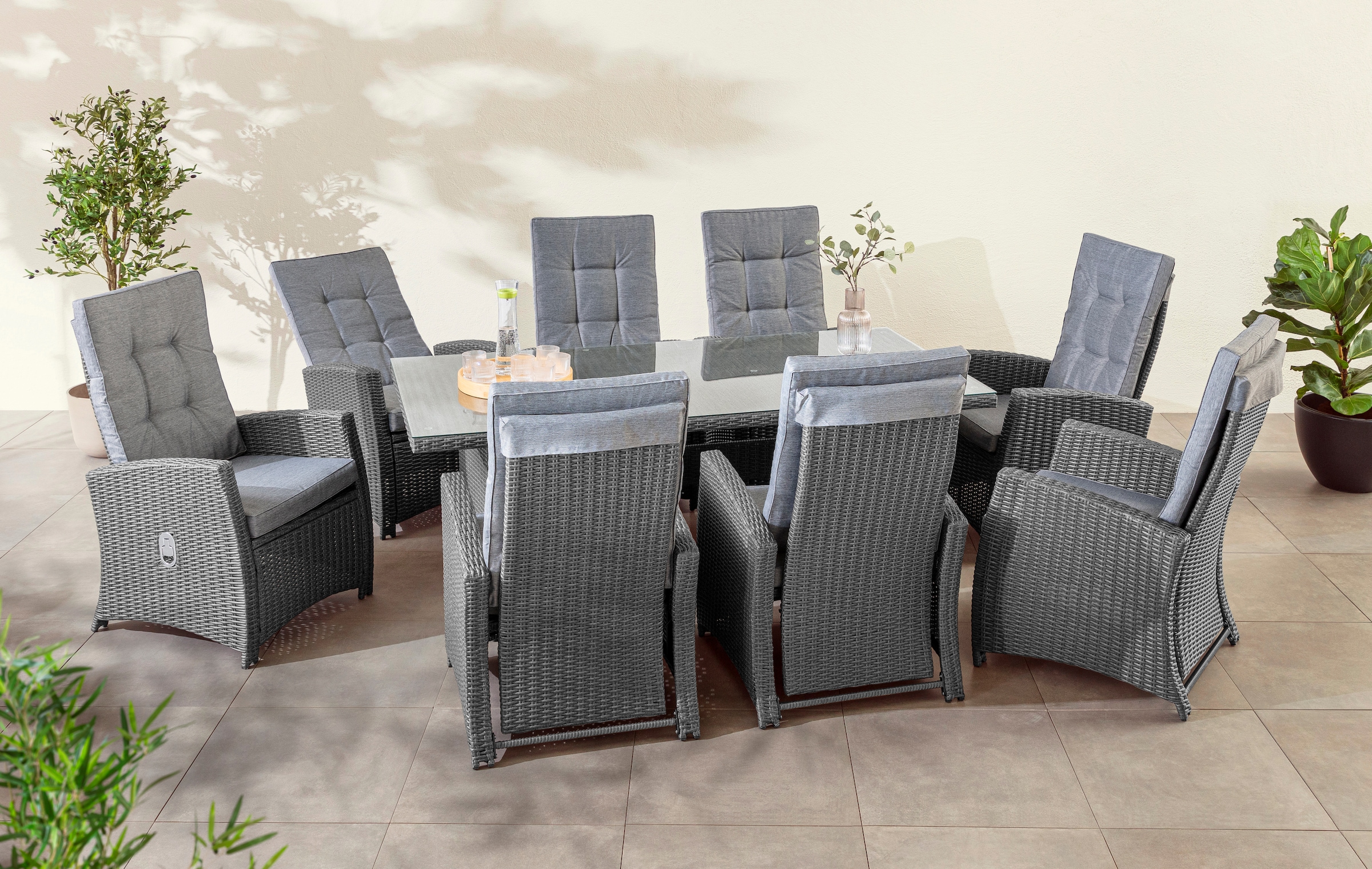 KONIFERA Garten-Essgruppe »»New Paris«« Set, 8 Sessel, Rückenlehne verstellbar, Tisch 100x200x75 cm, inkl. Auflagen, 25 Stk. tlg. Aluminium/Polyrattan