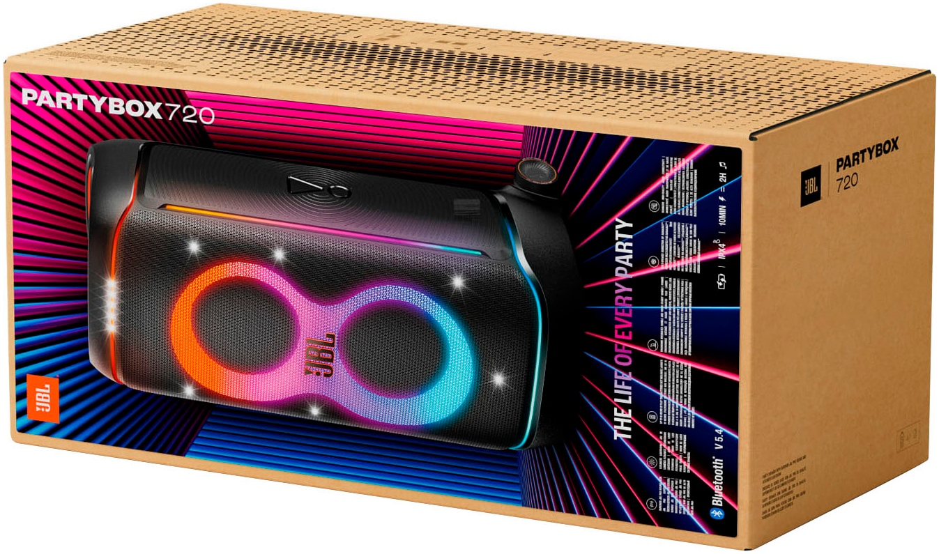 JBL Party-Lautsprecher »PARTYBOX  720« Stereo (Bluetooth App-Steuerung | Automatische Abschaltung | Beleuchtungseffekte | DJ-Funktionen | Equalizer | Extra Bass | Kabellos | Karaoke-fähig | LED Licht (WRGB) | Outdoor-Modus | Transportrollen 800 W)
