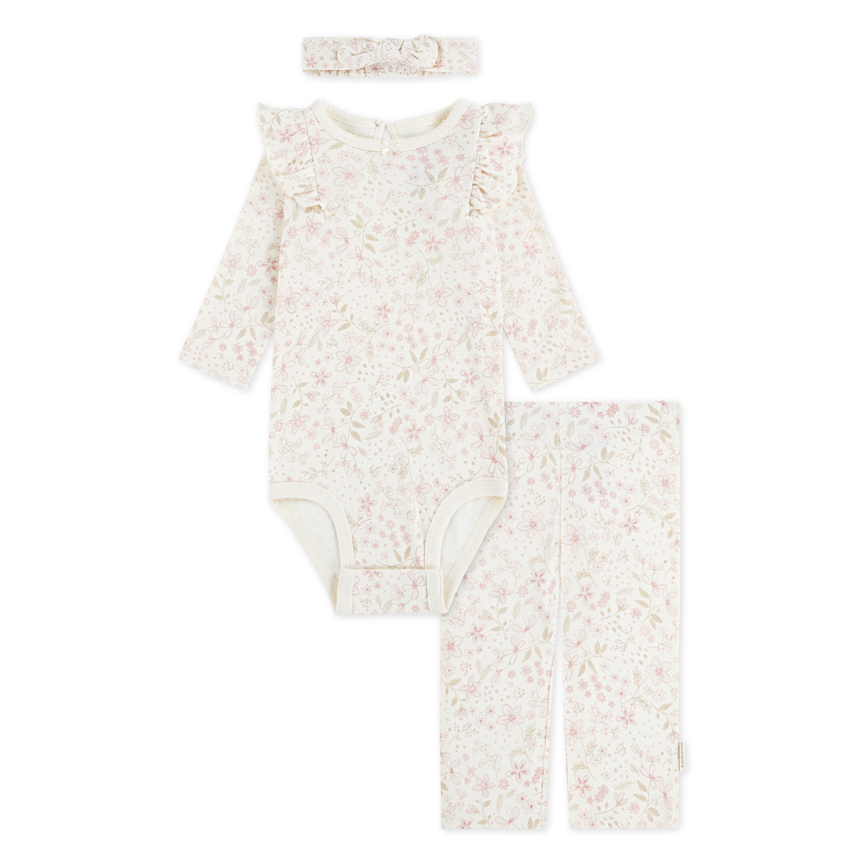 Huggies Babywear Body & Hose »HUGG BODYSUIT PANT ATTACHMENT« Set, 3 Stk. tlg. & Stirnband mit Blümchenmotiv, Größe 4 (74)