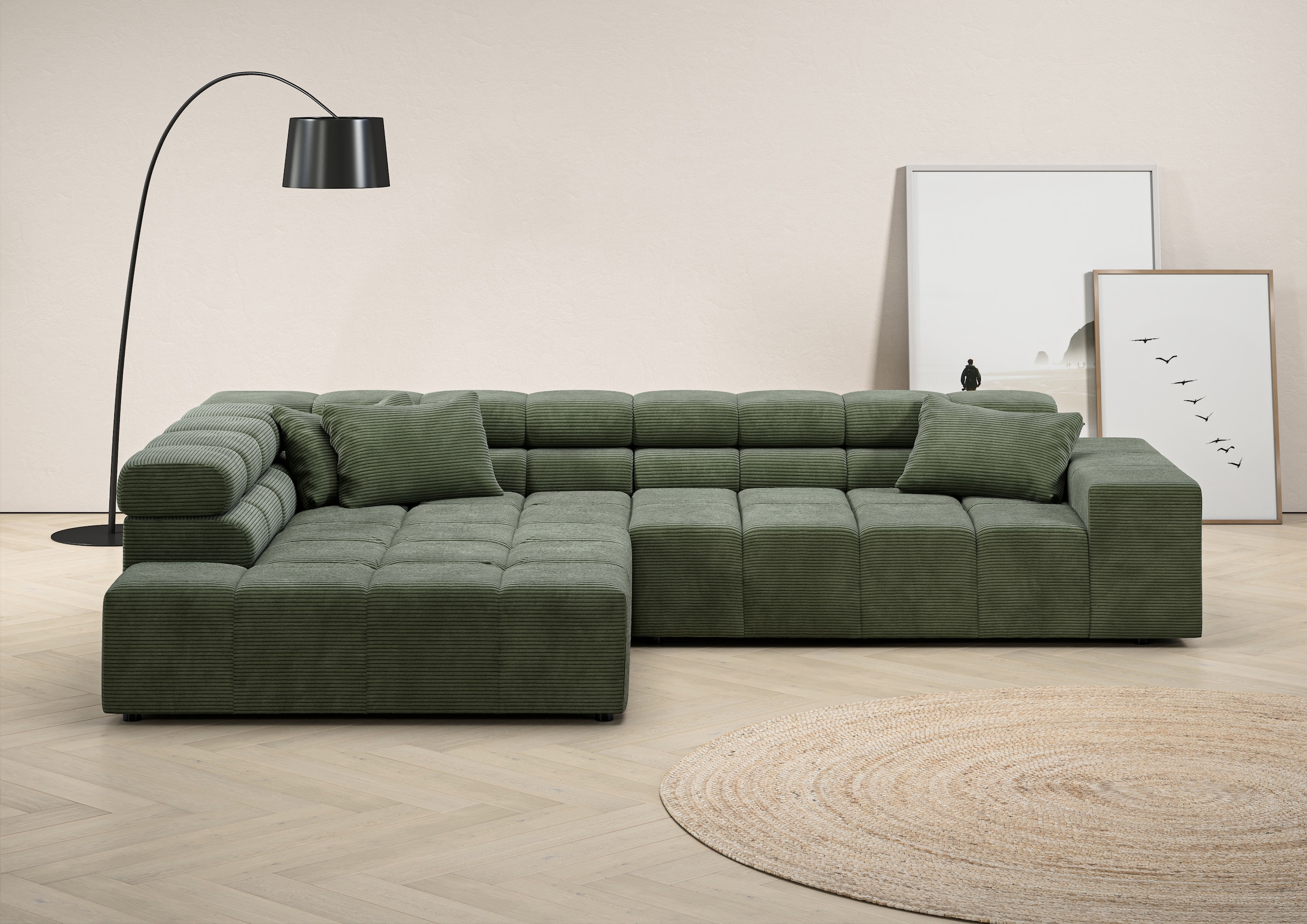 INOSIGN Ecksofa »Ancona incl. Kopfteilverstellung, Zierkissen Breite 319cm, L-Form«, wahlweise motorische Sitztiefenverstellung, auch in Cord + Easy Care