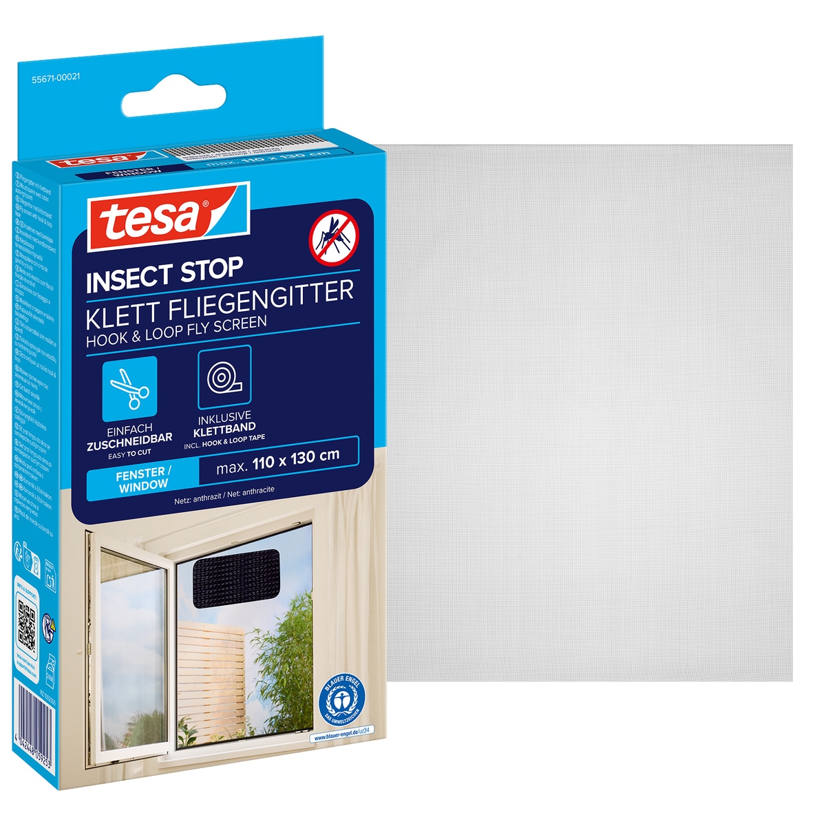 tesa Insektenschutz-Fensterrahmen »Insect Stop Standard Fliegengitter für Fenster - 1.1 m :1.3 m« Packung, Fliegennetz, Klettband, 1 Stk. tlg. Insektenschutzgitter -Fliegenetz ohne Bohren -zuschneidbar