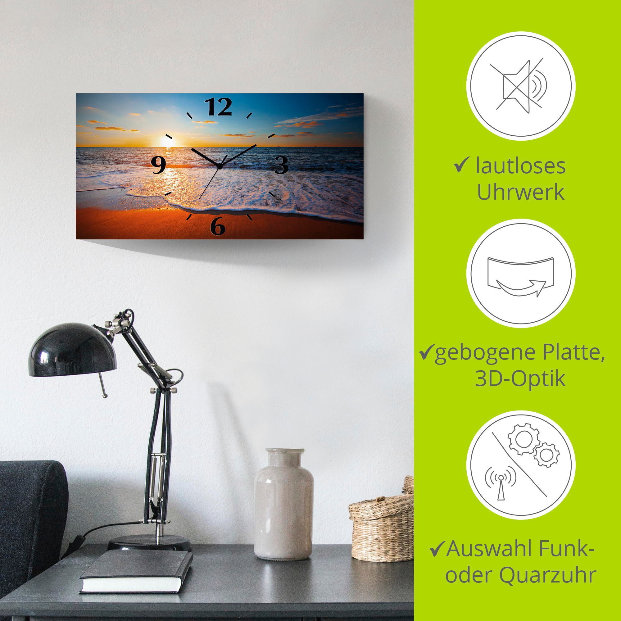 Artland Wanduhr »Sonnenuntergang und das Meer«, 3D Optik gebogen, mit Quarz- oder Funkuhrwerk, versch. Größen