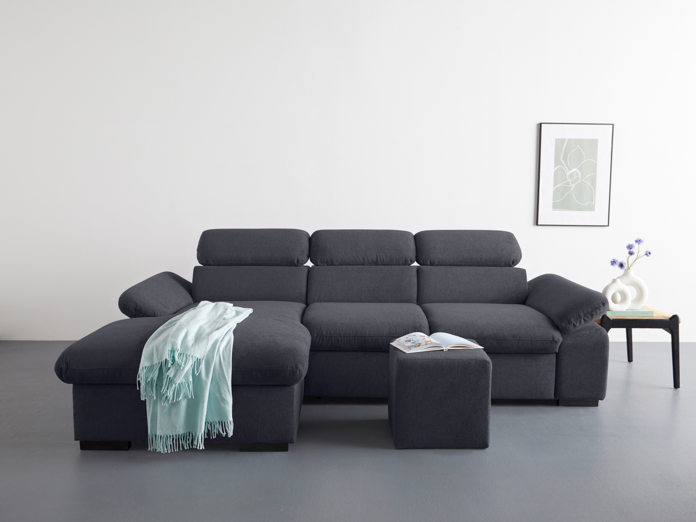 COTTA Ecksofa »Lola L-Form mit Kopfteilfunktion & Hocker«, (Set, mit Hocker), wahlweise mit Bettfunktion, Bettkasten & Armteilverstellung