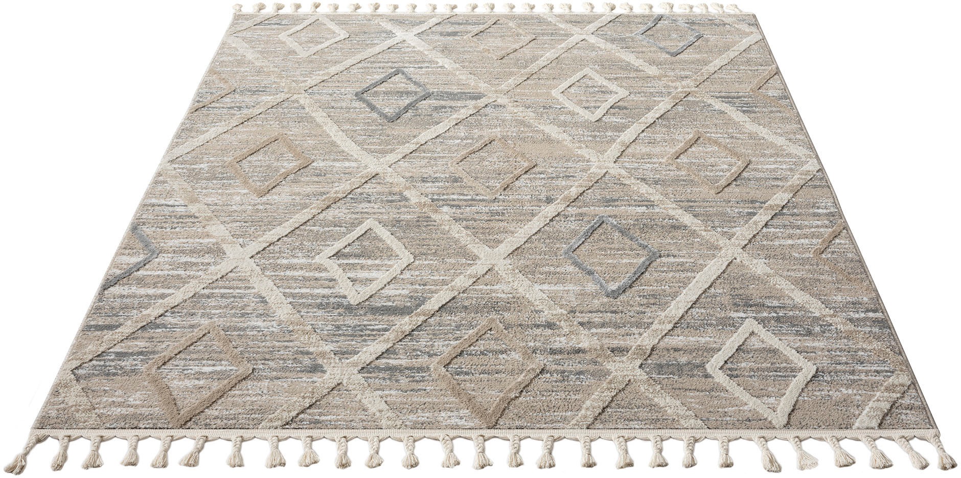 my home Teppich »Otilie«, rechteckig, 11 mm Höhe, dichte Qualität, Woll-Look, Boho, mit Fransen und Rauten, Scandi