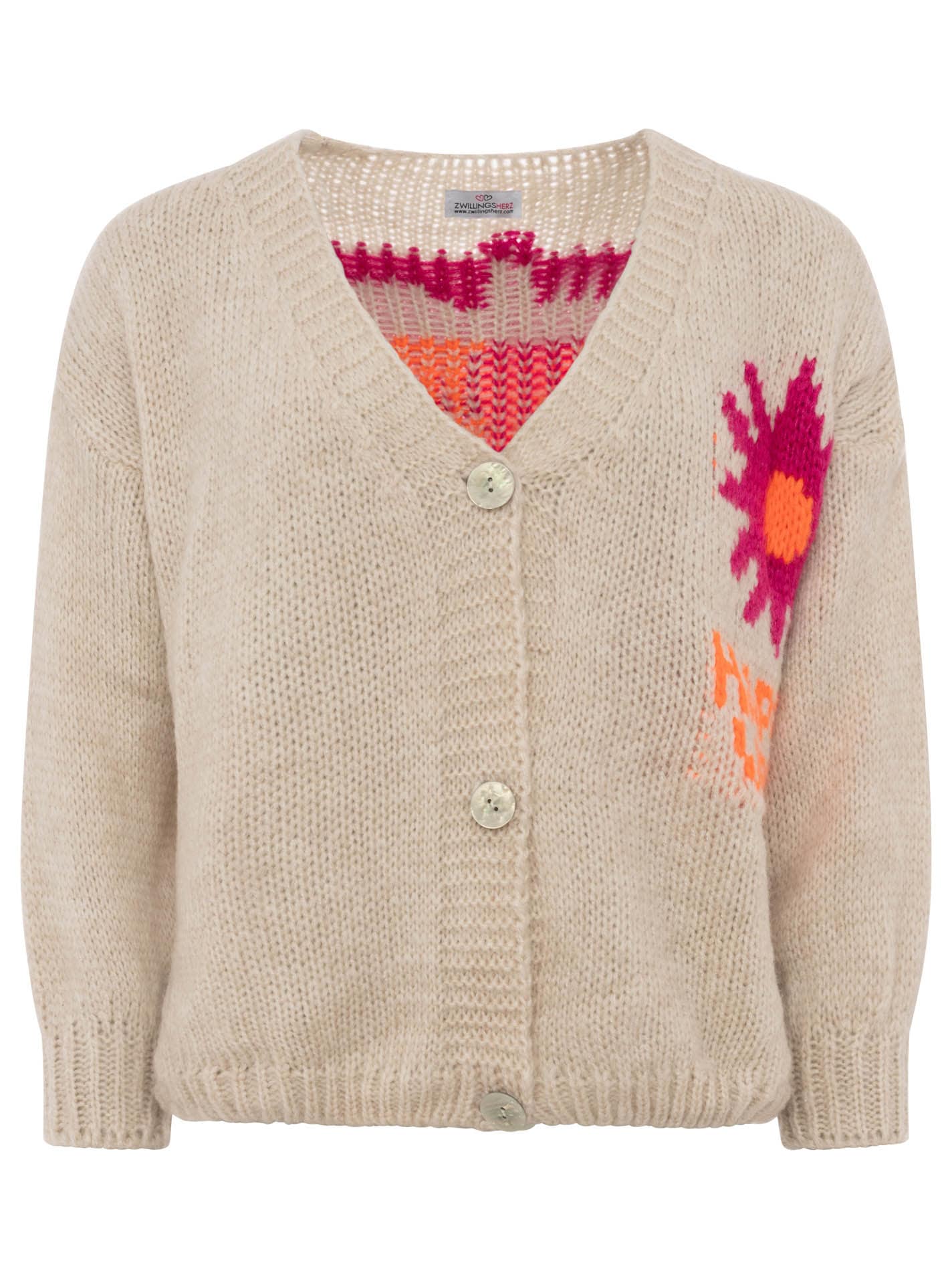 Zwillingsherz Cardigan »"Happy Vibes"« Knopfleiste, großes Motiv mit Blume und Schrift hinten, One Size