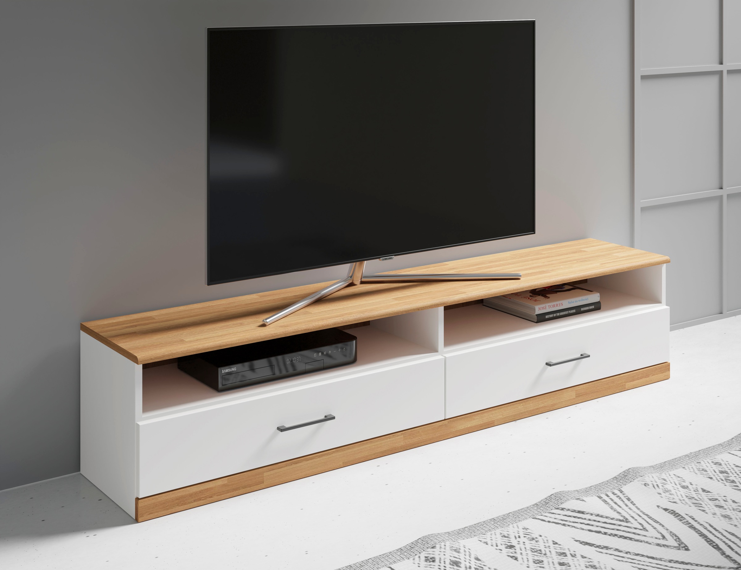 Home affaire Lowboard »Ribe,140cm breit,38cm hoch mit 2 Klappen,Oberplatte aus Massivholz«, Oberplatte Eiche massiv,schwarze Metall Griffe