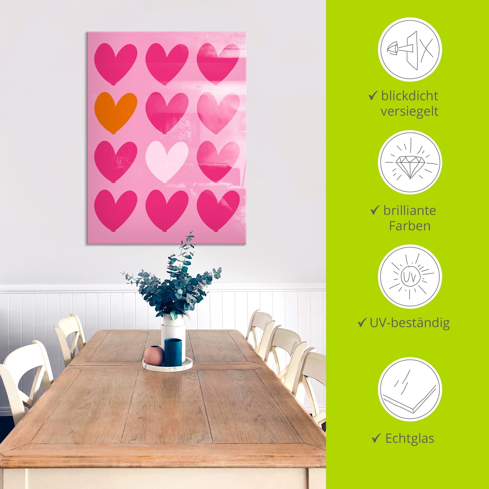 Artland Glasbild »Herzen auf pink« Herzbilder 1 Stk. tlg. in verschiedenen Größen