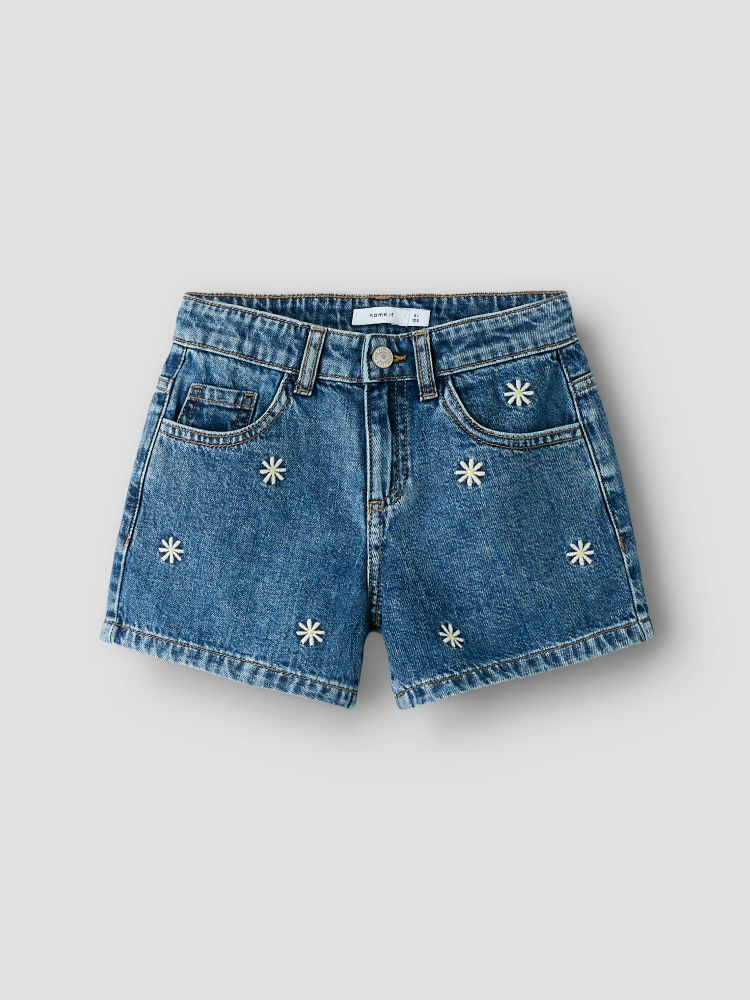 Name It Jeansshorts »NKFBELLA REG DNM SHORTS 3674-BE NOOS« Baumwolle, verstellbarer Bund, bestickte Details