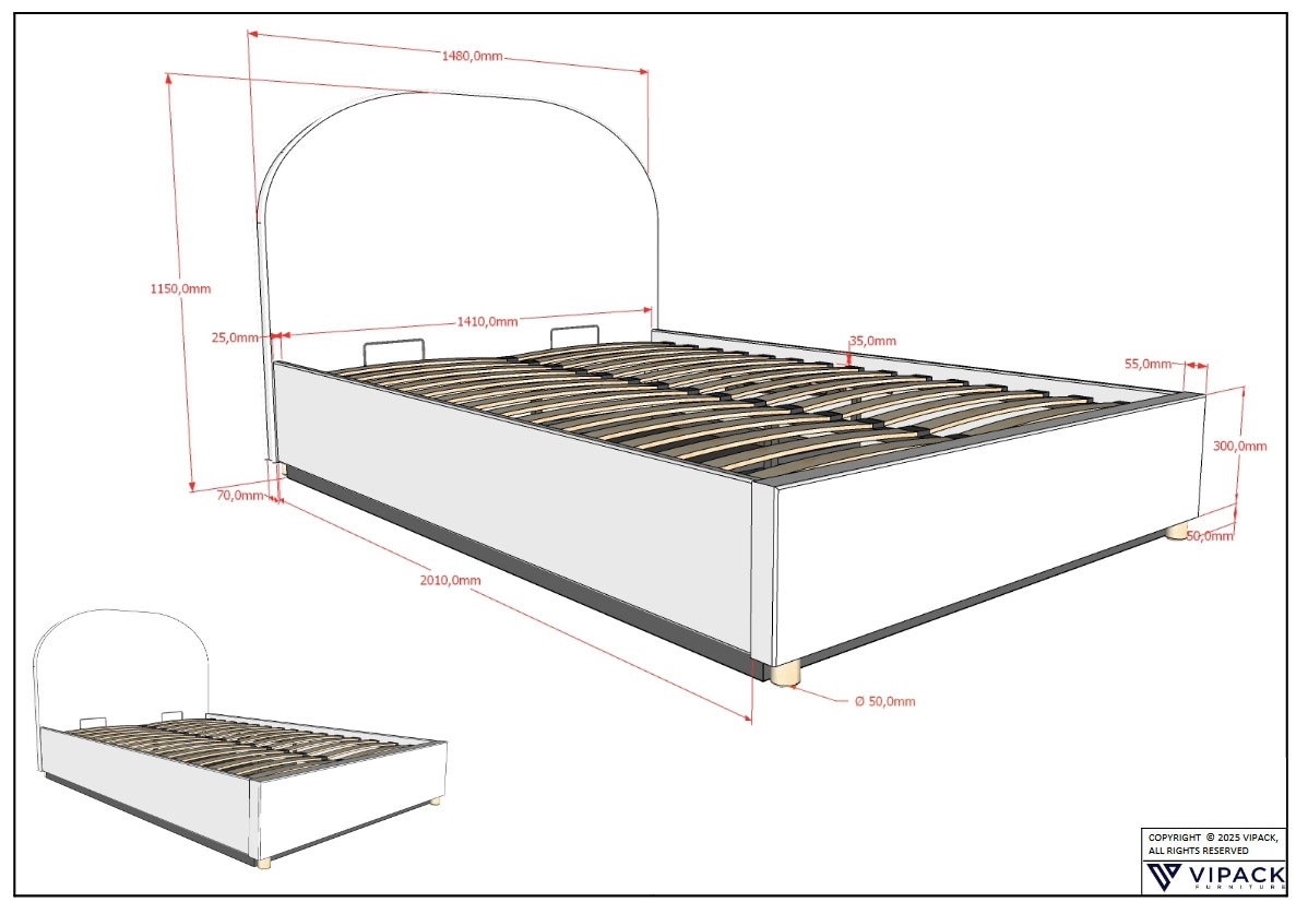 Vipack Boxbett »Moon, mit Lattenrost und Stauraum, modernes Design«, (gerundetes Kopfteil und in 2 Breiten erhältlich), inkl. Massivholz Füßen in natur, 3 Stoff Farben zur Auswahl