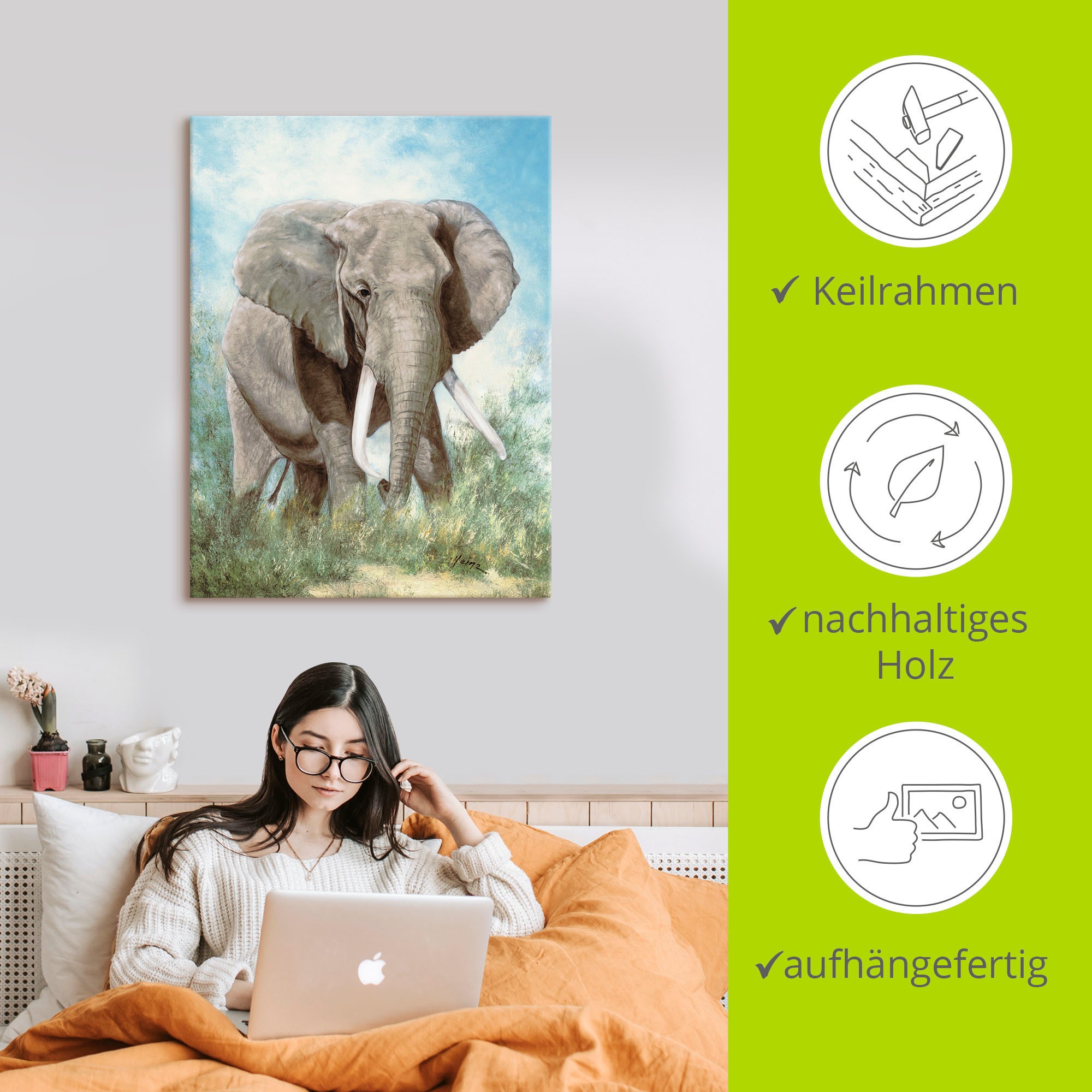 Artland Leinwandbild »Elefant«, Wildtiere, (1 St.), auf Keilrahmen gespannt