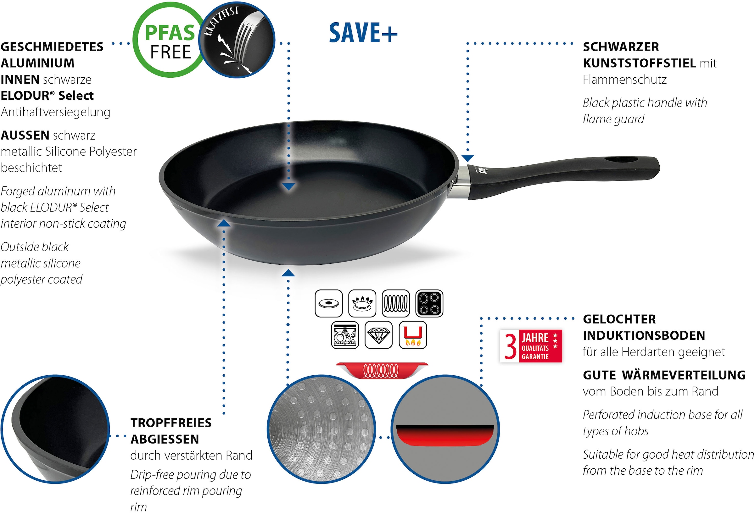 Elo Bratpfanne »Save+ 28cm«, Aluminium, (1 tlg., 1 Bratpfanne, 1 Stapelschutz), Induktion