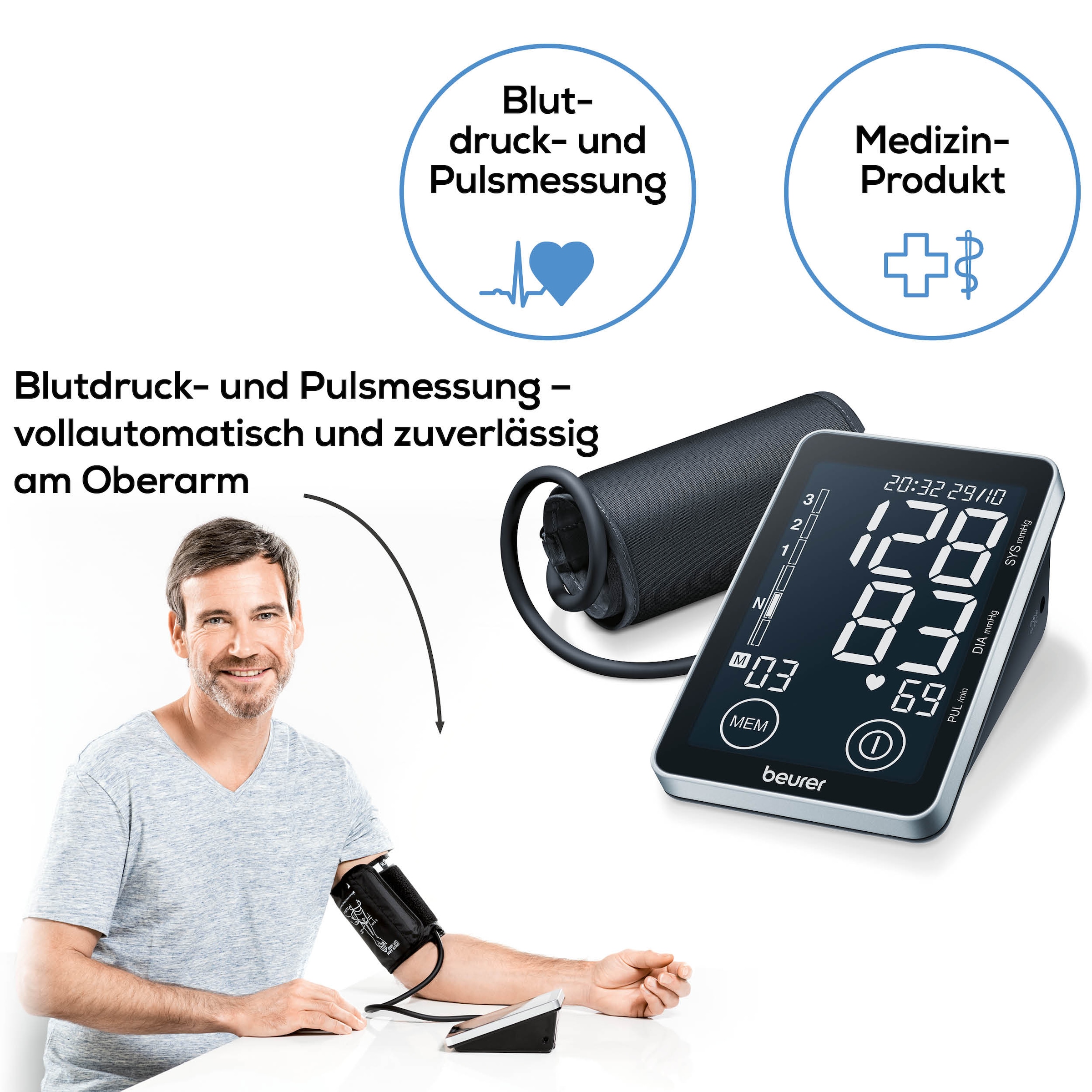 BEURER Oberarm-Blutdruckmessgerät »BM 58 mit Arrhythmie-Erkennung und farbigem Risikoindikator«, Inkl. Aufbewahrungstasche, Medizinprodukt, 2 Benutzerprofile