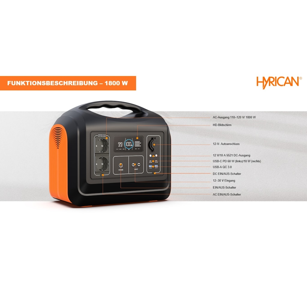 Hyrican Powerstation »UPP-1800, 1800 Watt, 1488 Wh, LiFePO4, tragbarer Akku/Batterie«, 465000 mAh