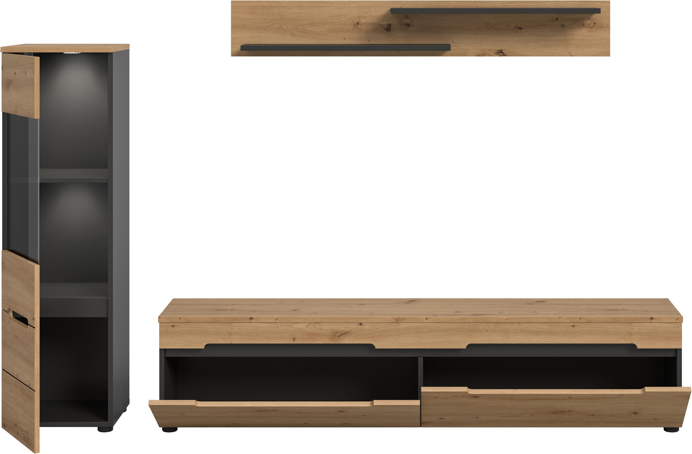 INOSIGN Wohnwand »REHAT, TOPSELLER!, 3-teilig, inkl. Beleuchtung, stehend oder hängend« Set bestehend aus: Vitrine inkl. Beleuchtung, Lowboard und Wandboard, 3 Stk. tlg.