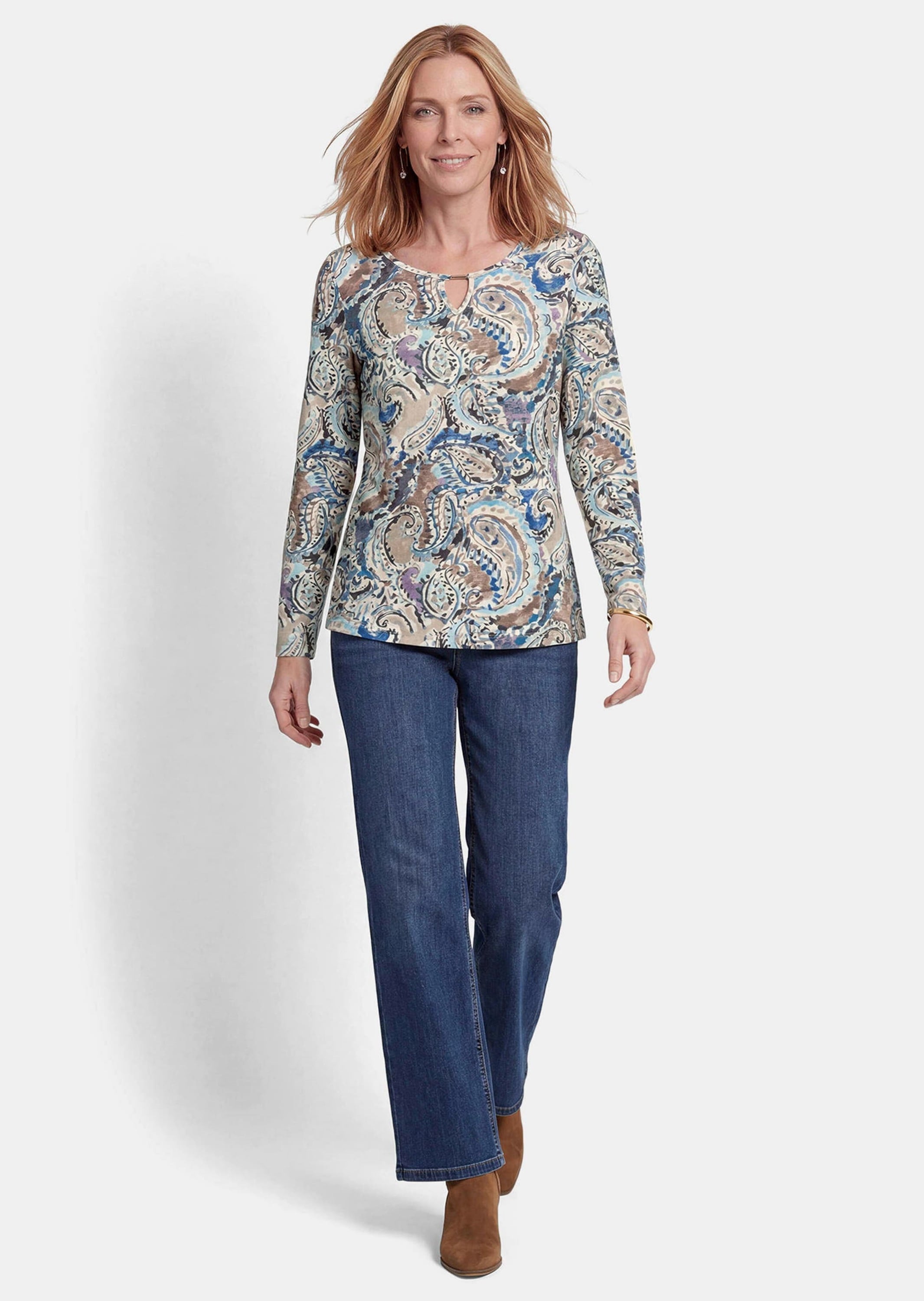 GOLDNER Print-Shirt »Paisleyshirt mit Schmuckdetail« Zierteil am Ausschnitt