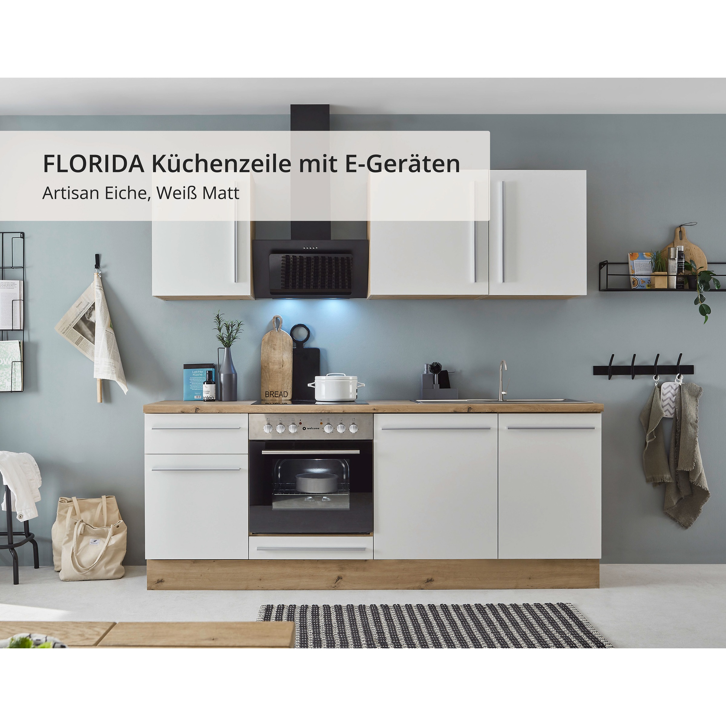 KOCHSTATION Küchenzeile »Florida mit 38mm starker Arbeitsplatte«, Breite 220 cm, wahlweise mit E-Geräten, Soft-Close-Funktion