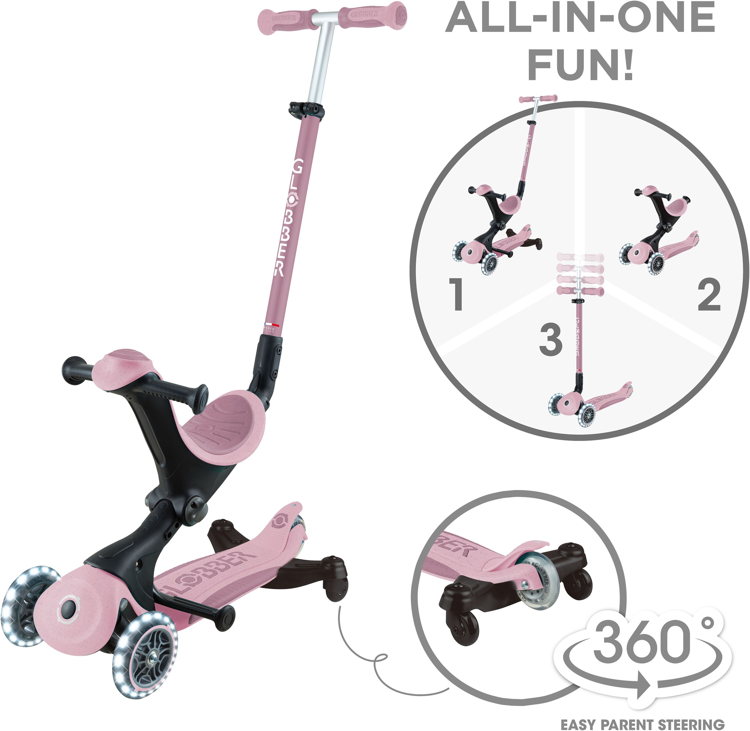 Globber Tretroller »GO-UP DELUXE LIGHTS ECO 360, mit Leuchtrollen« Aufsitzrad mit Schubstange, Laufrad und Scooter