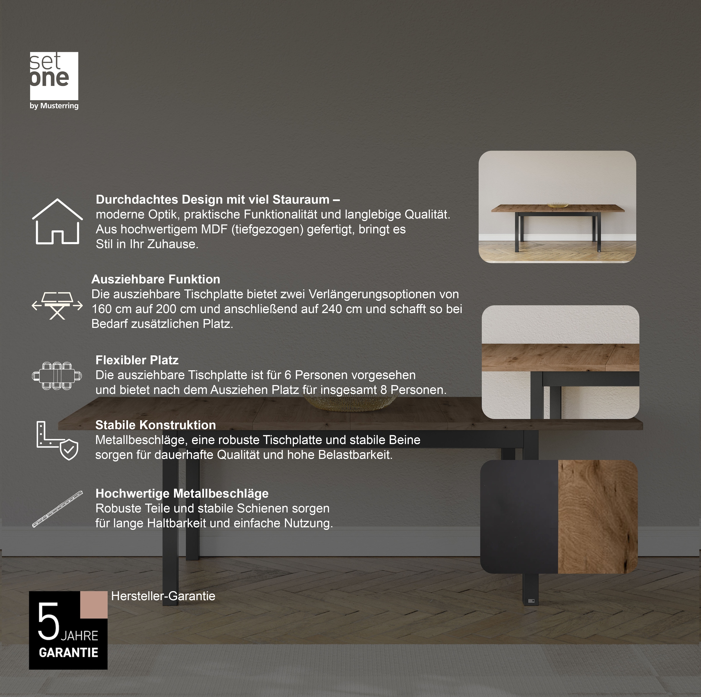 set one by Musterring Esstisch »York« Typ 68, mit ausziehbarer Tischplatte, 3 Farben, Maße 160-240 x 90 cm