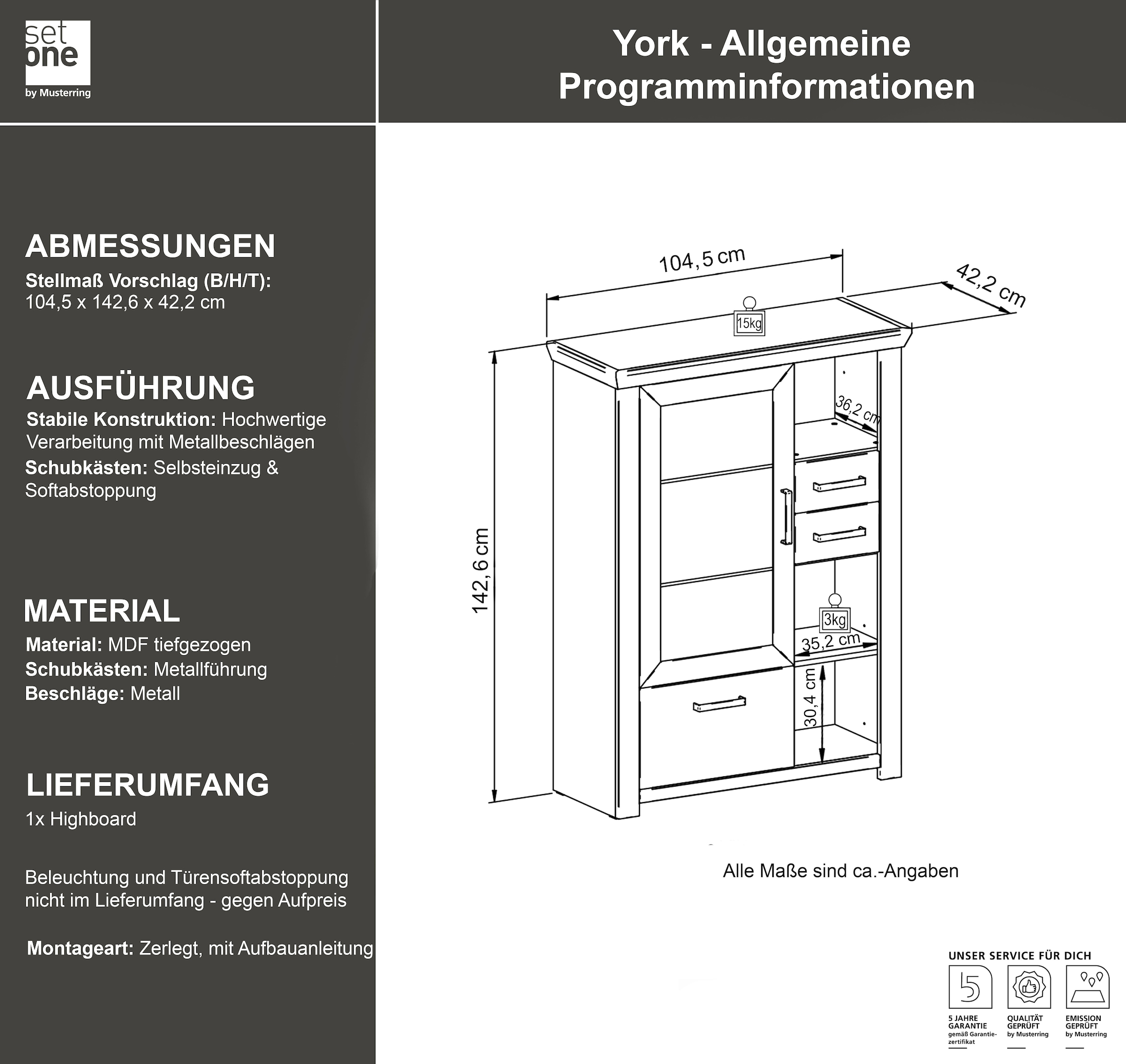 set one by Musterring Highboard »York« Typ 25 und 26, in 3 Farbvarianten, Beleuchtung optional, Breite 105 cm