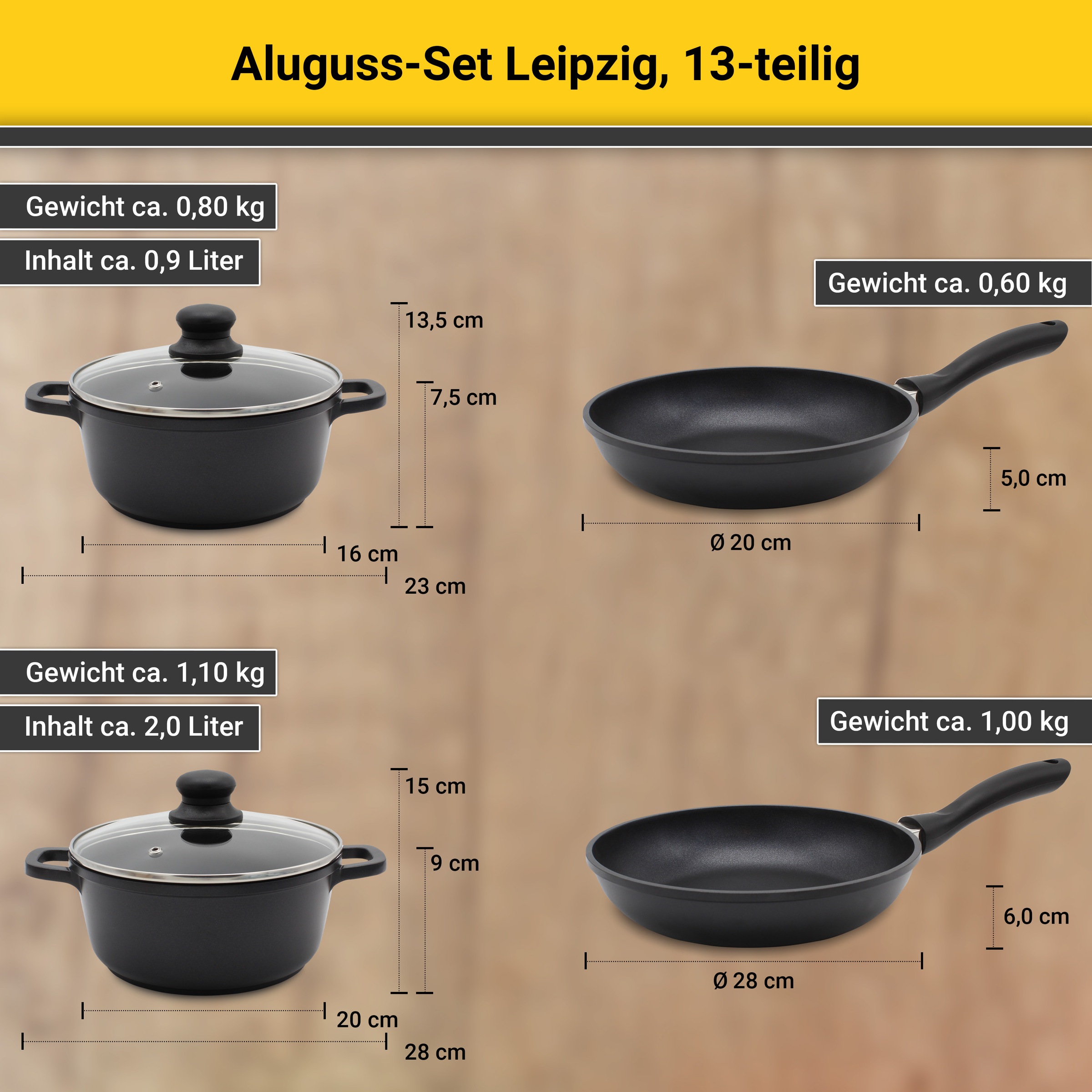 Krüger Topf-Set »Aluguss Topf-/Pfannenset LEIPZIG inkl. Küchenhelfern, 13 tlg.«, Aluminiumguss, (Set, 13 tlg., Fleischtopf 16+20 cm, Pfanne flach 20+28 cm, 7 tlg. Küchenhelferset), inkl. 7-tlg. Küchenhelfer-Set