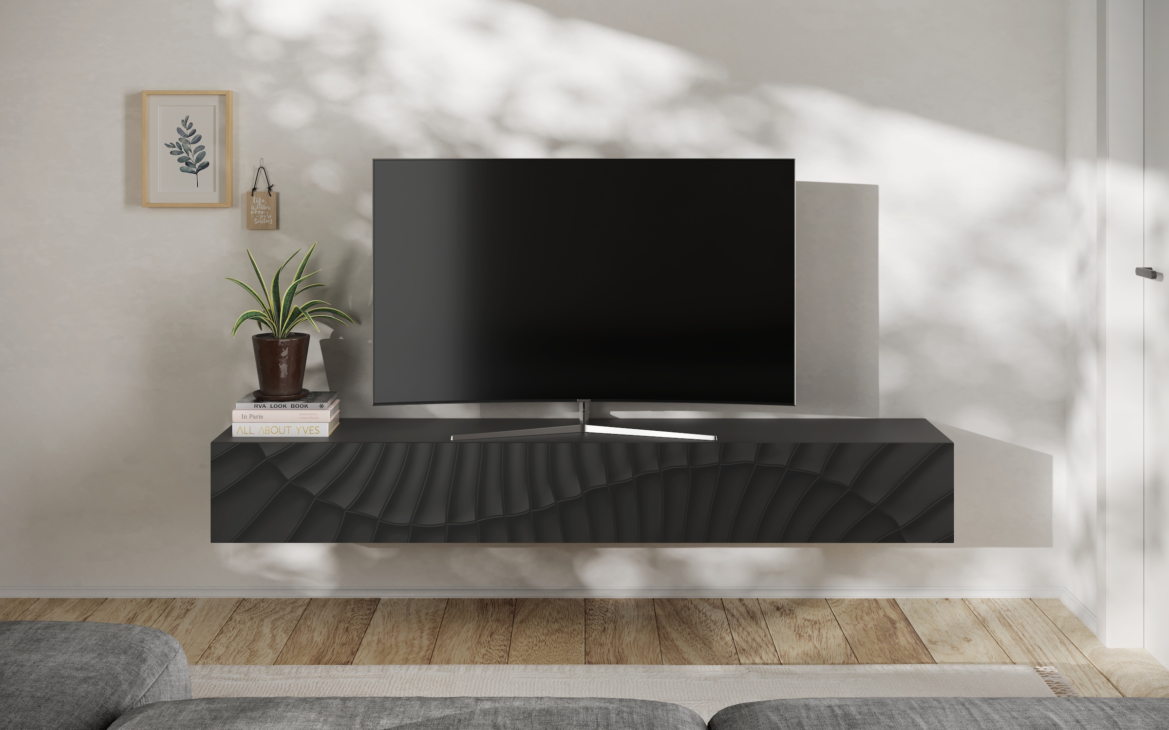 INOSIGN Lowboard »Snake Breite 210 cm, modernes TV-Board hängend mit 1 Klappe,«, TV-Möbel, TV-Schrank, Front mit Siebdruck
