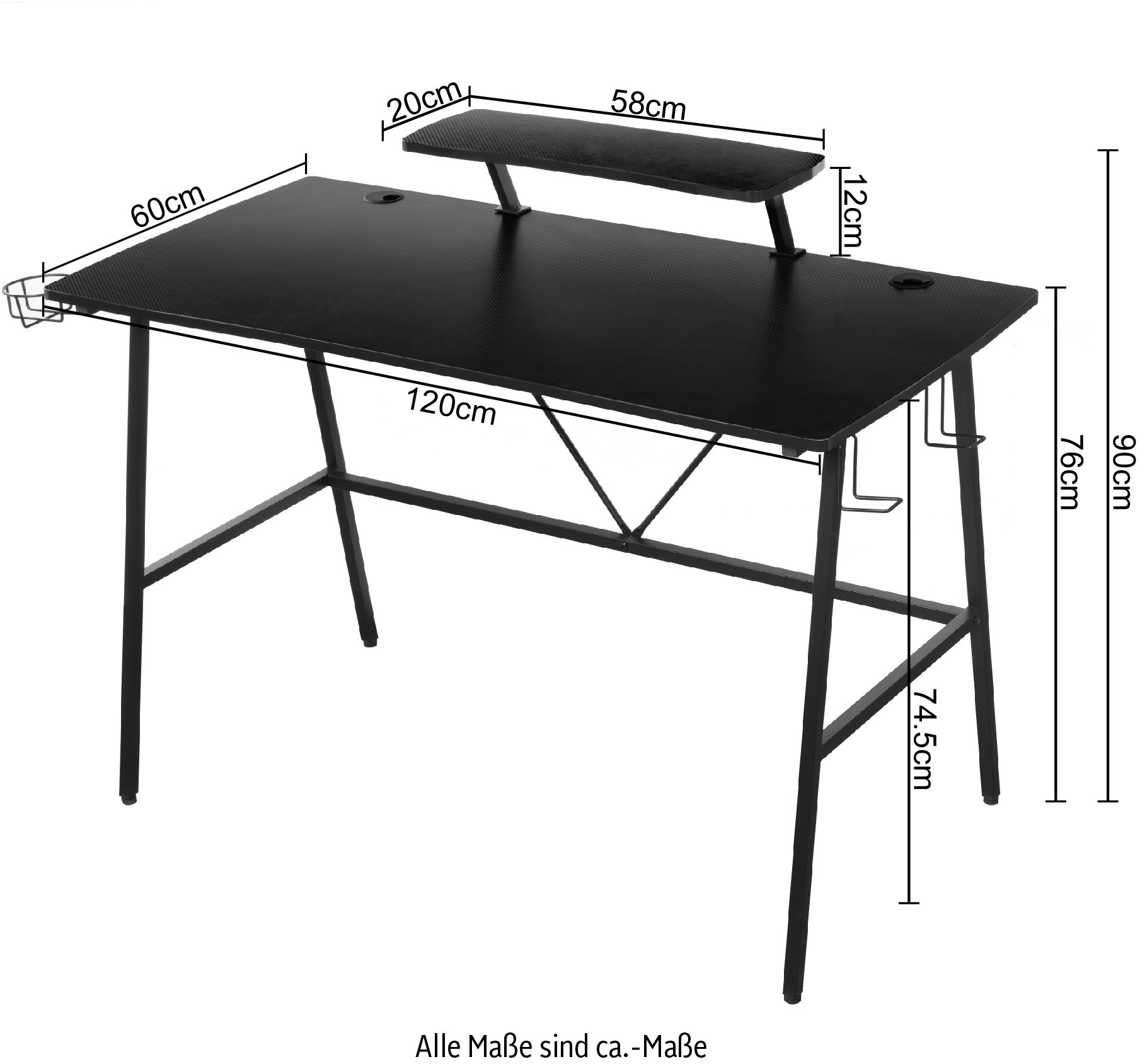 INOSIGN Gamingtisch »STREAKY, Schreibtisch, Computertisch, Kabeldurchlass, 2 Kopfhörerhaken«,Getränkehalter, Monitoraufsatz, Kabelführung, Breite 120 cm
